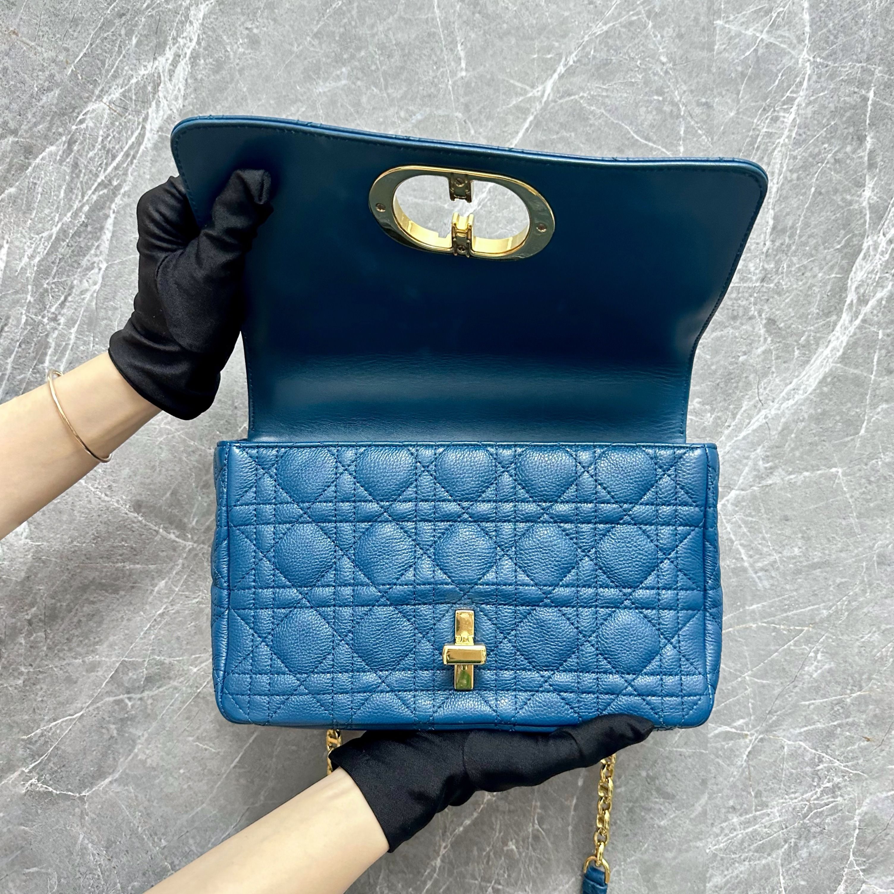 Dior Caro Medium Calfskin Shoulder Bag Blue GHW - Luxury Evermore