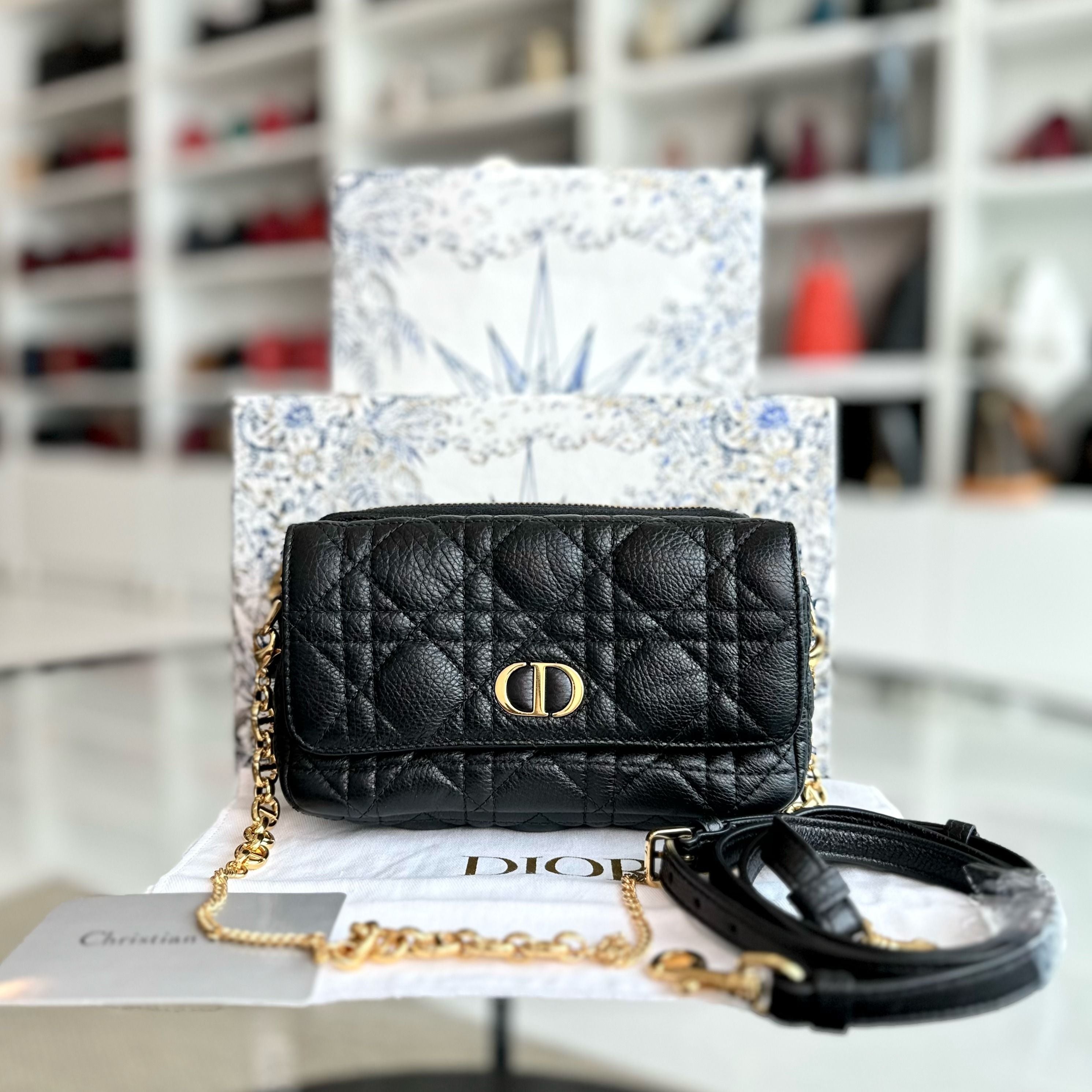 Dior Caro Pouch WOC Wallet On Chain Cannage Grained Calfskin Black GHW - Luxury Evermore