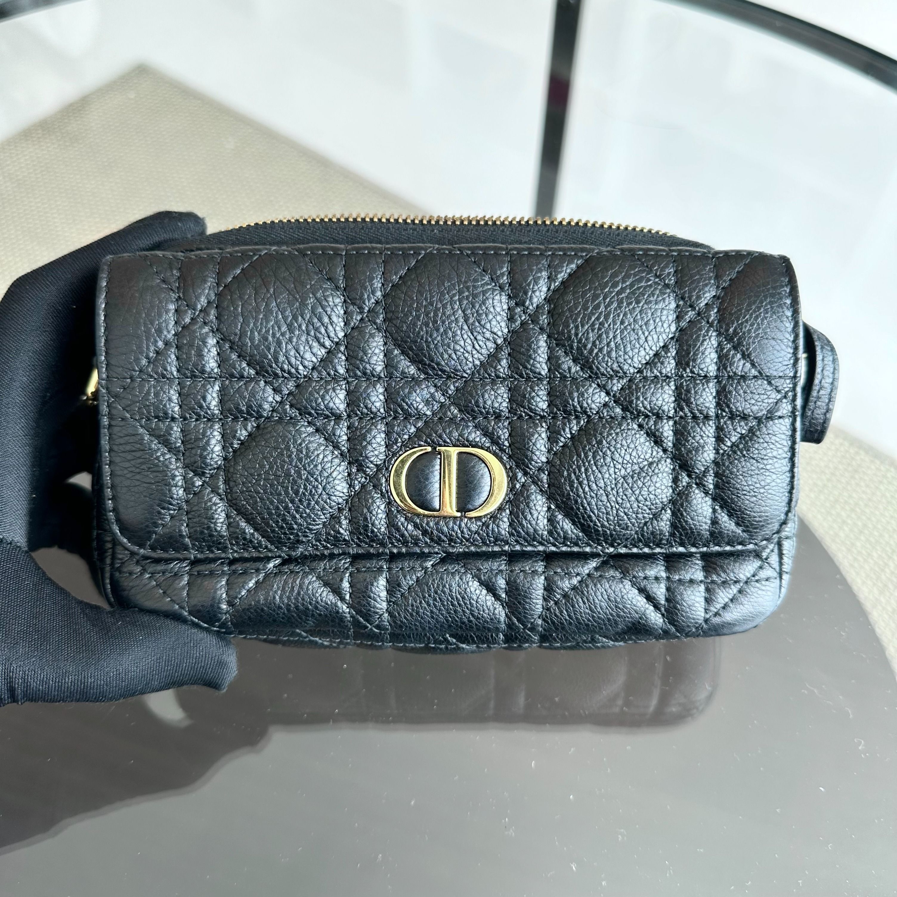 Dior Caro Pouch WOC Wallet On Chain Cannage Grained Calfskin Black GHW - Luxury Evermore