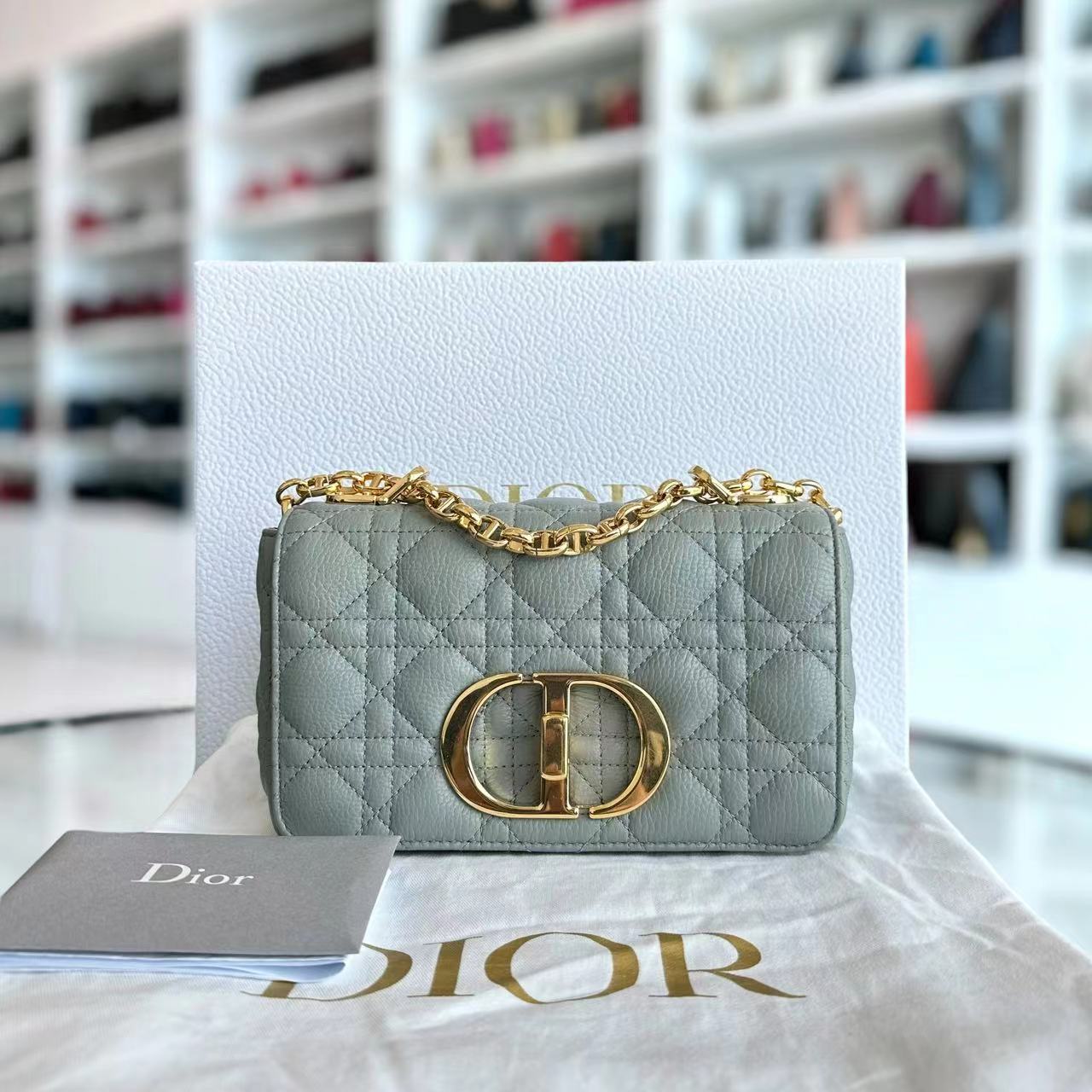 Dior Caro Small Cannage Grained Calfskin Gray Grey GHW - Luxury Evermore