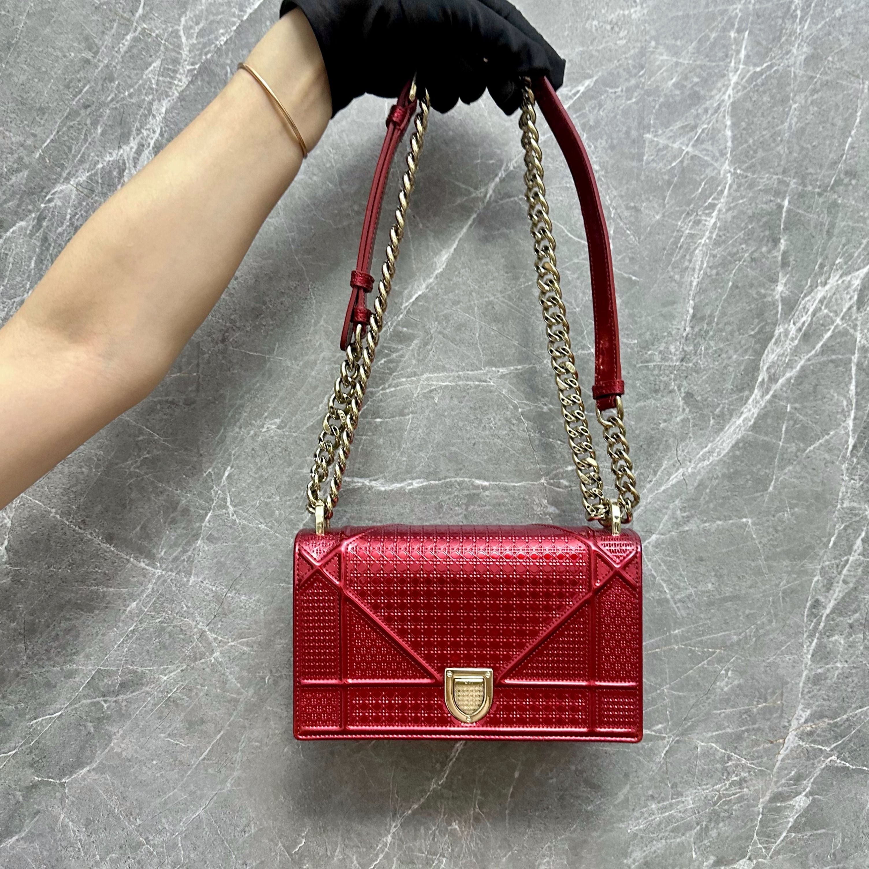 Dior Diorama Small Ama Micro-Cannage Flap Red Metalic - Luxury Evermore