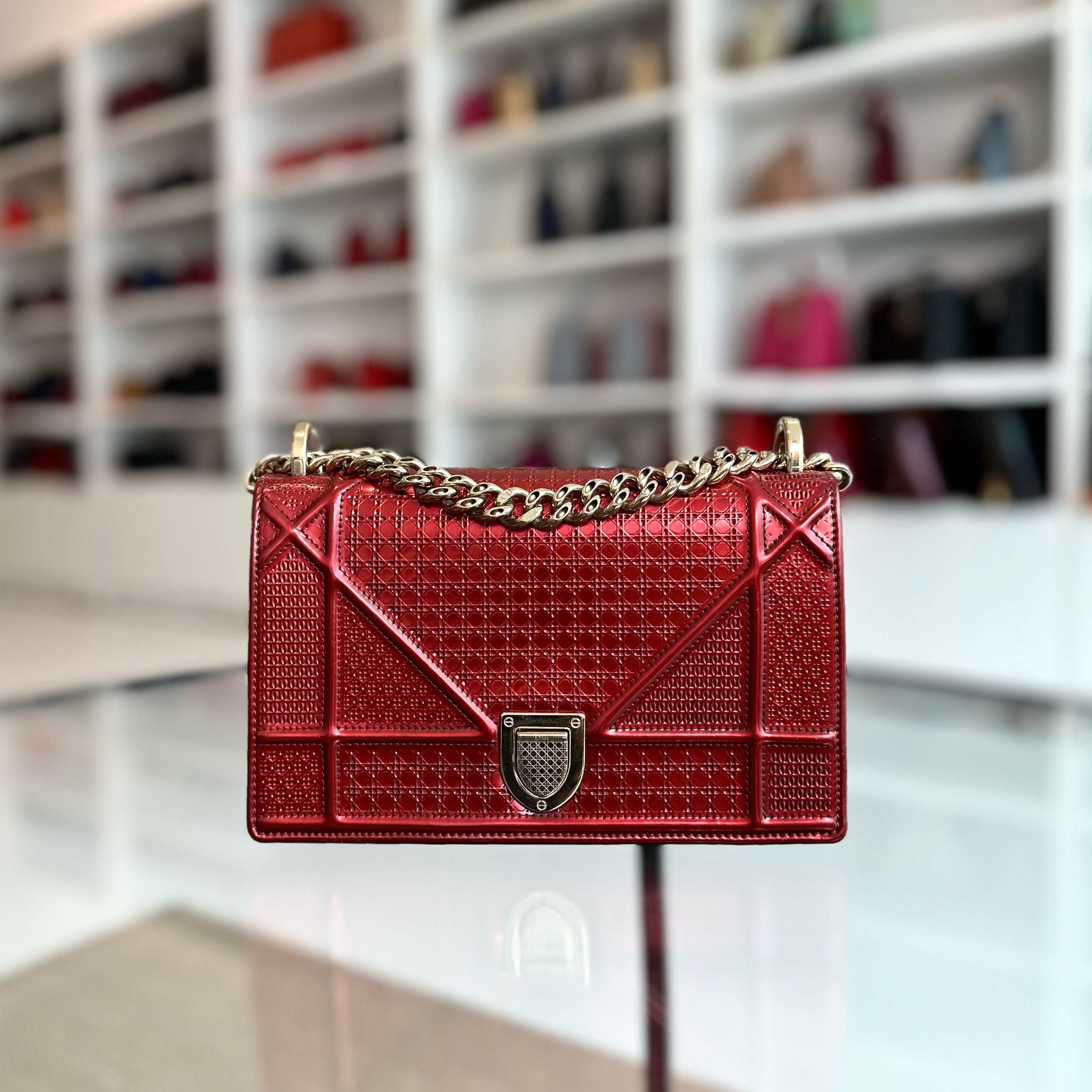 Dior Diorama Small Metallic Ama Micro-Cannage Red GHW - Luxury Evermore