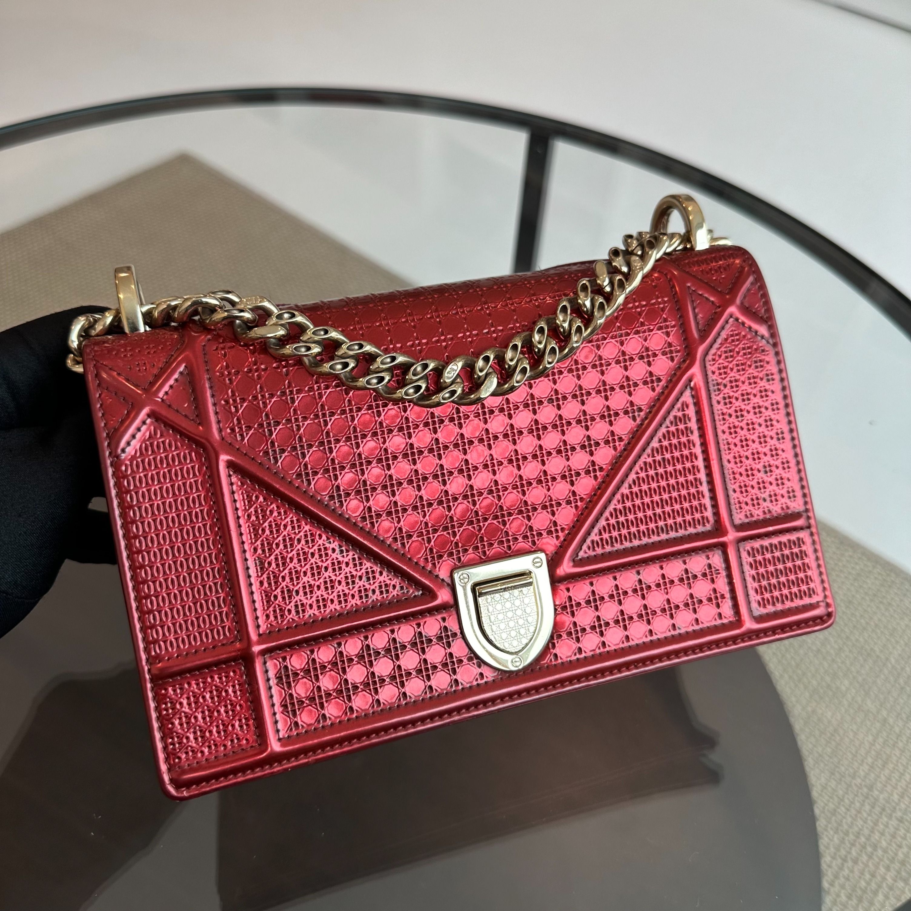 Dior Diorama Small Metallic Ama Micro-Cannage Red GHW - Luxury Evermore