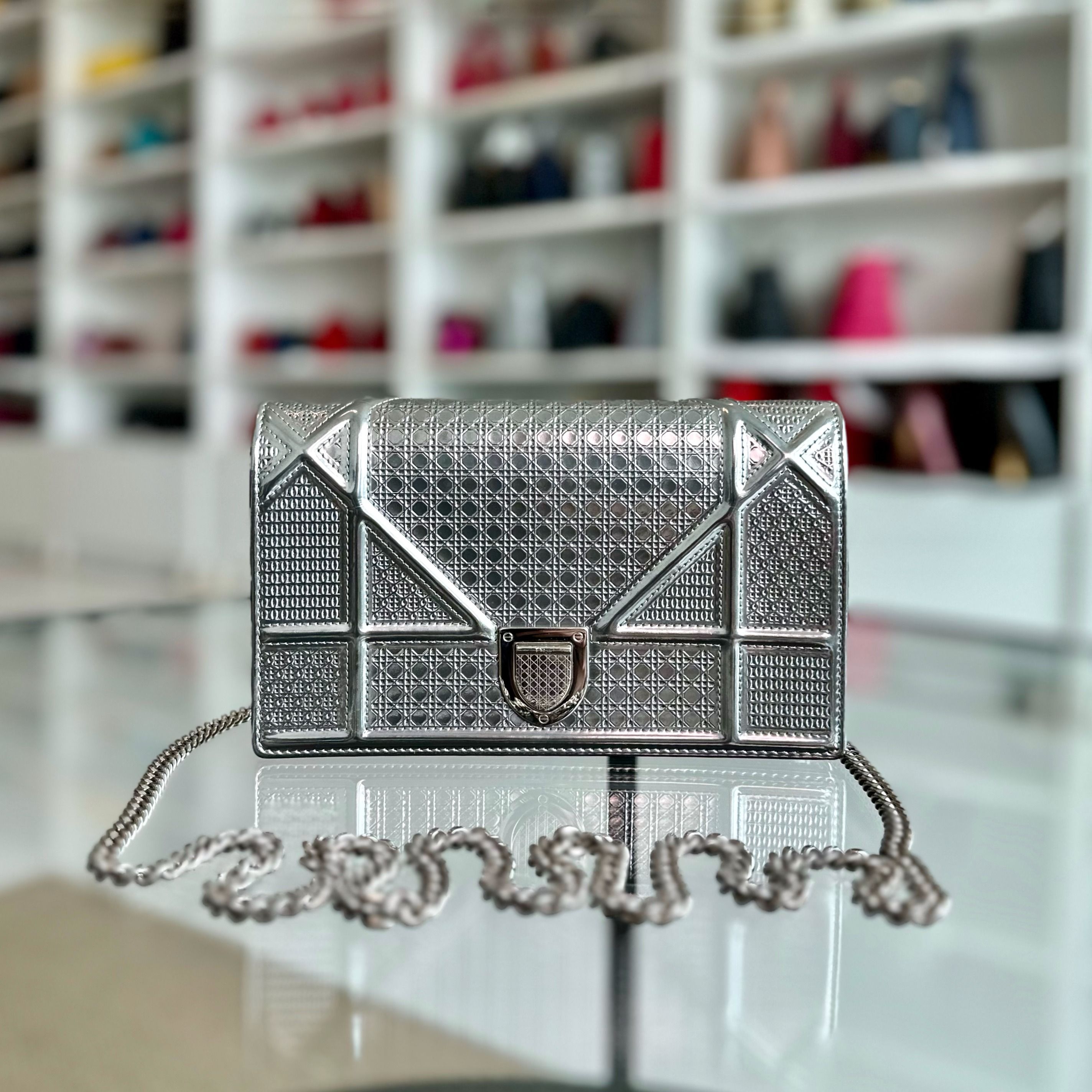 Dior Diorama WOC Wallet On Chain Metallic Micro-Cannage Ama Cross-Body Silver SHW - Luxury Evermore