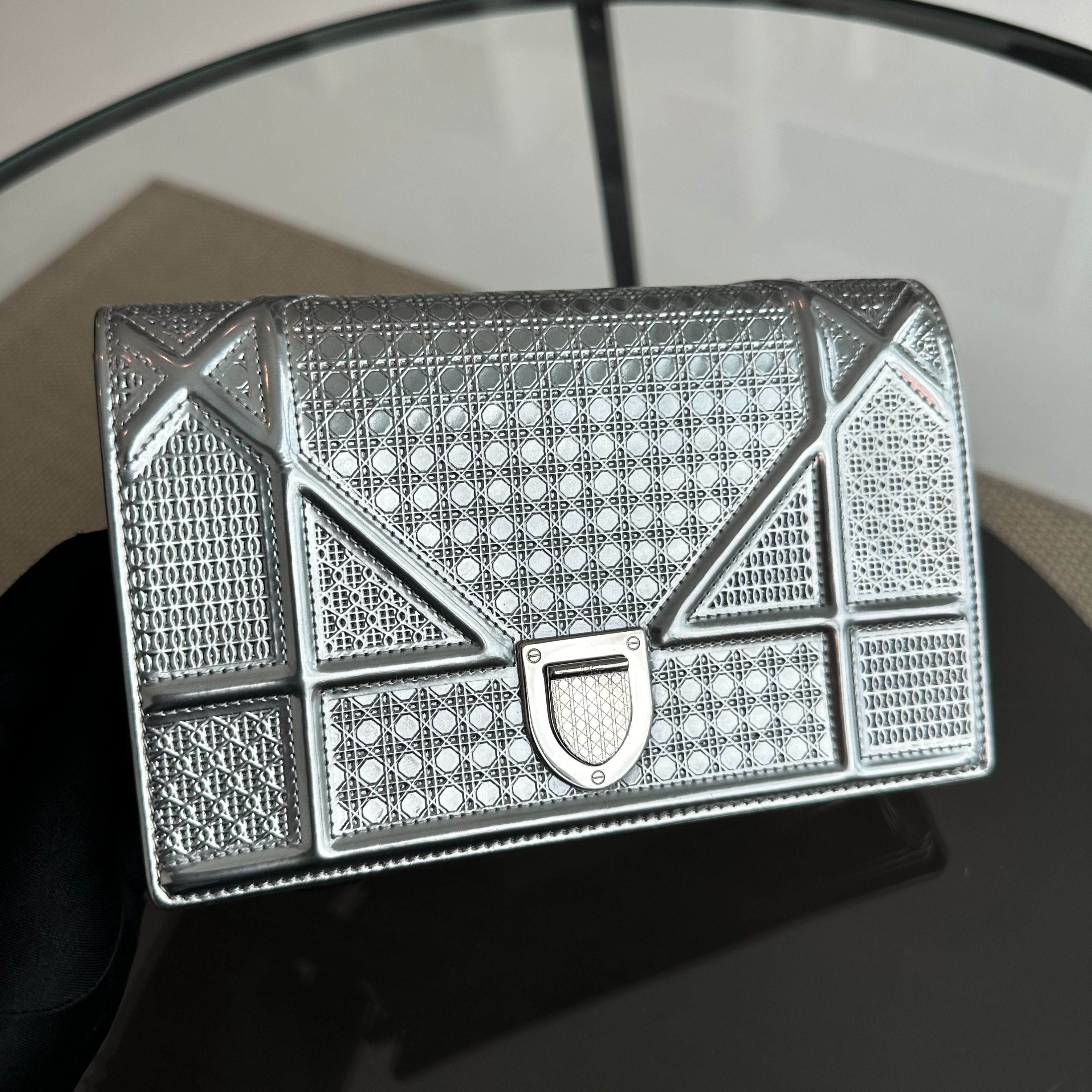 Dior Diorama WOC Wallet On Chain Metallic Micro-Cannage Ama Cross-Body Silver SHW - Luxury Evermore