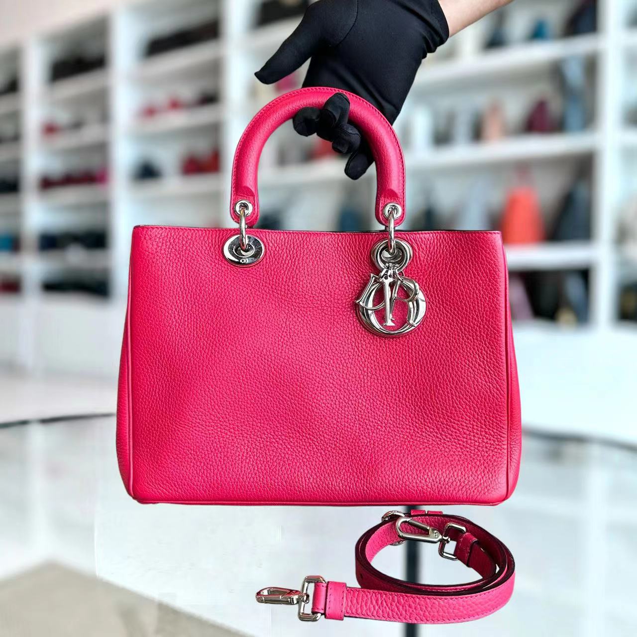 Dior Diorissimo Grained Calfskin Hot Pink Silver Hardware - Luxury Evermore