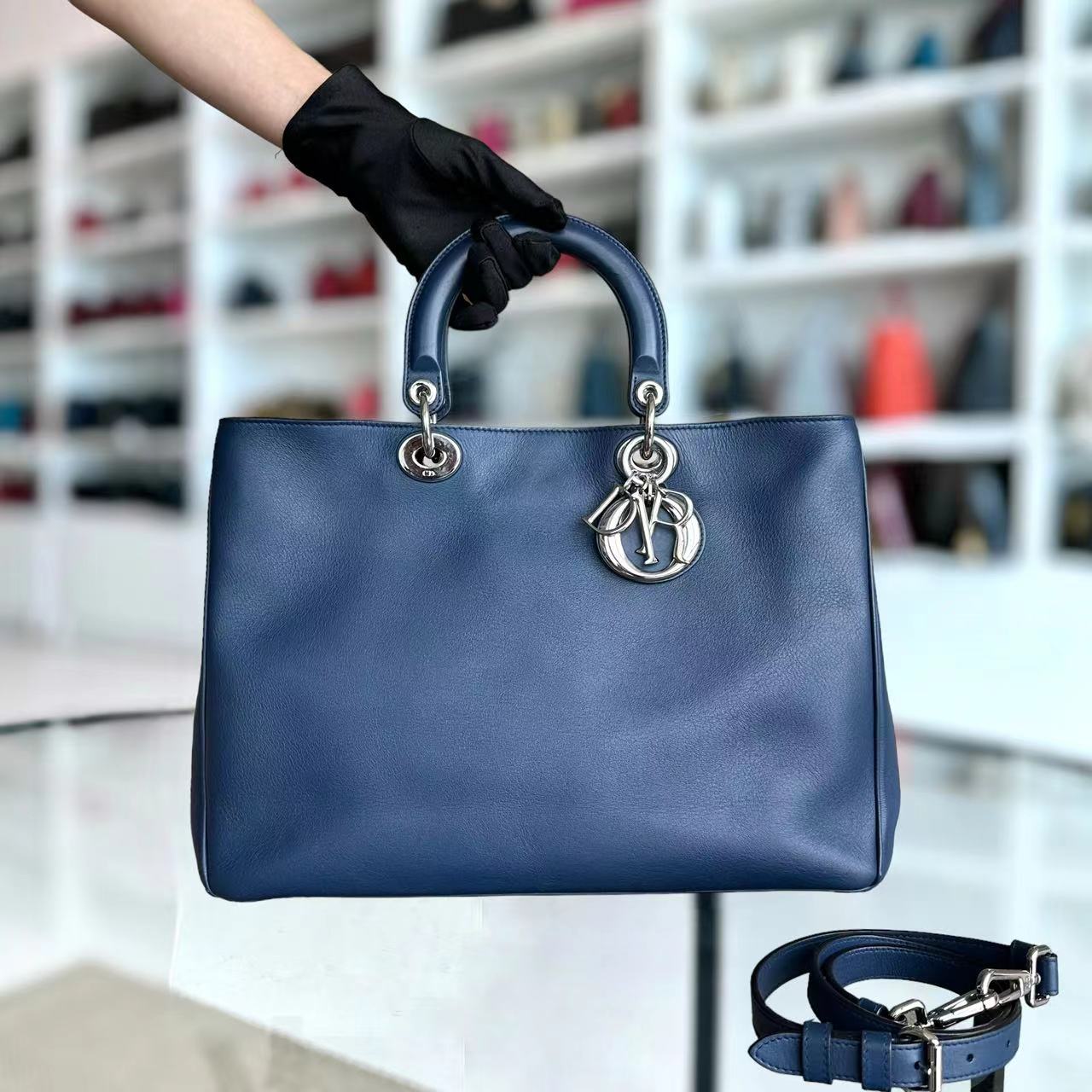 Dior Diorissimo Large 38CM Smooth Calfskin Dark Navy Blue Silver Hardware - Luxury Evermore