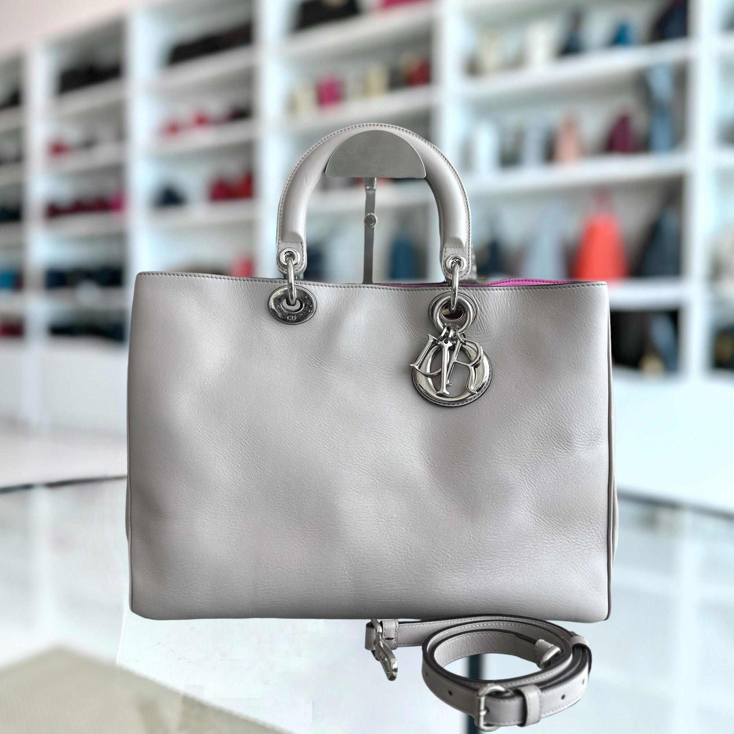 Dior Diorissimo Large Smooth Calfskin Grey Tote SHW - Luxury Evermore