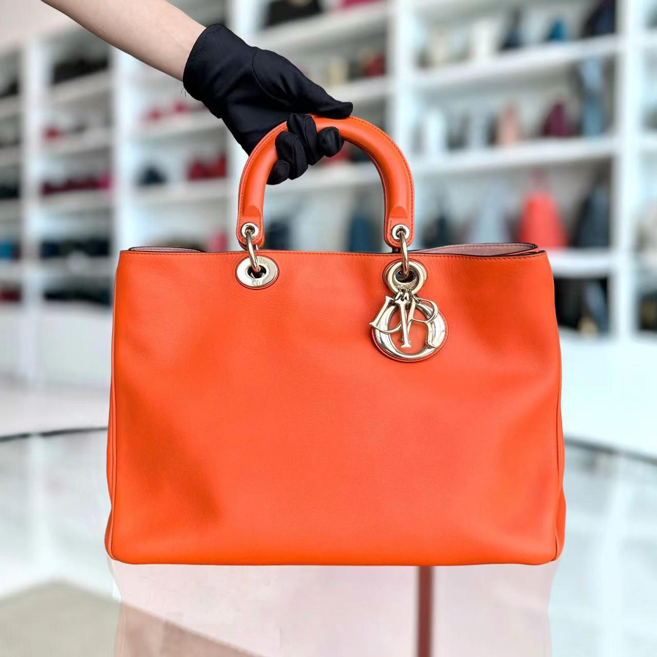 Dior Diorissimo Large Smooth Calfskin Orange Golden Hardware - Luxury Evermore