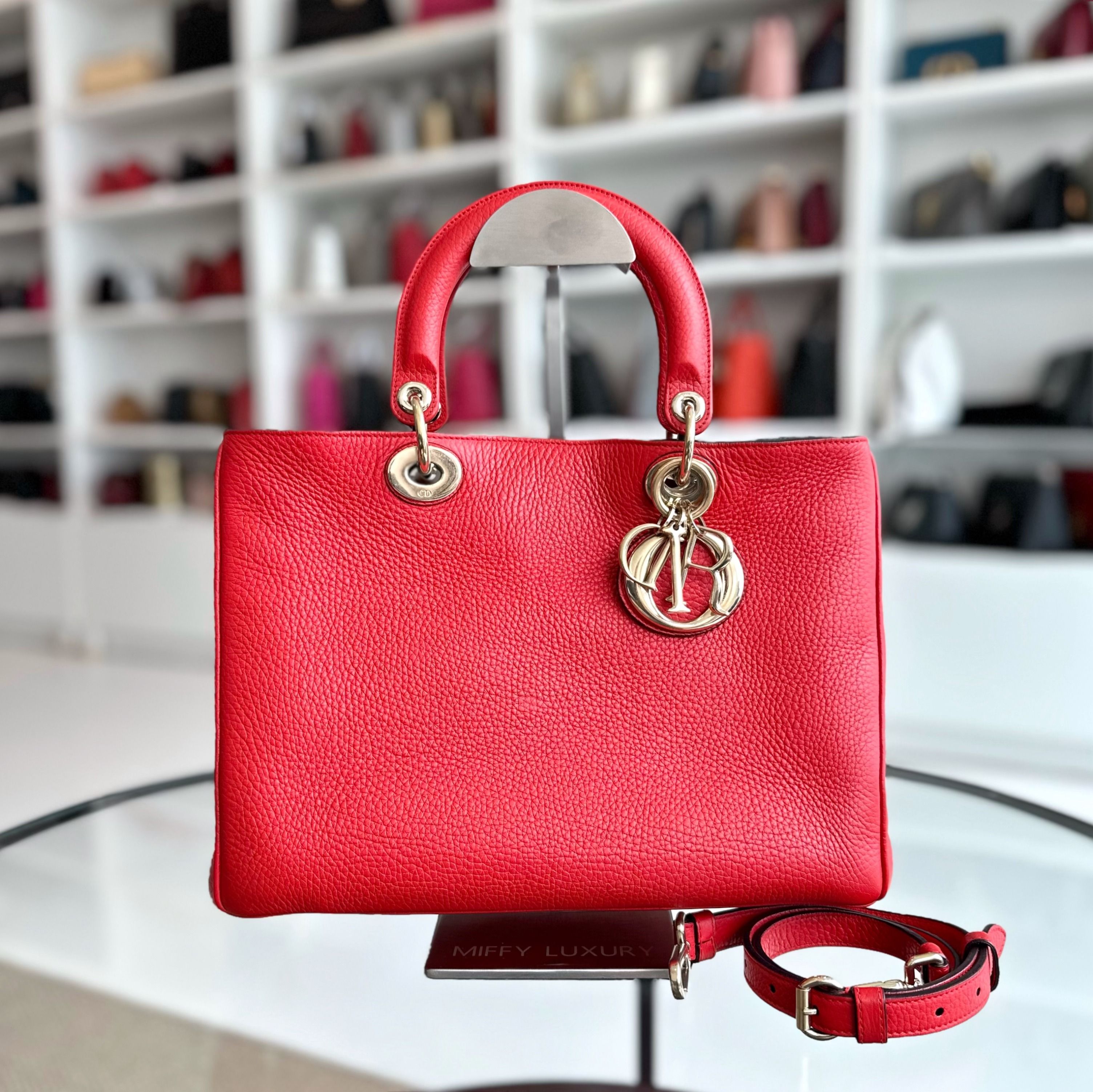 Dior Diorissimo Medium Grained Calfskin Red GHW - Luxury Evermore