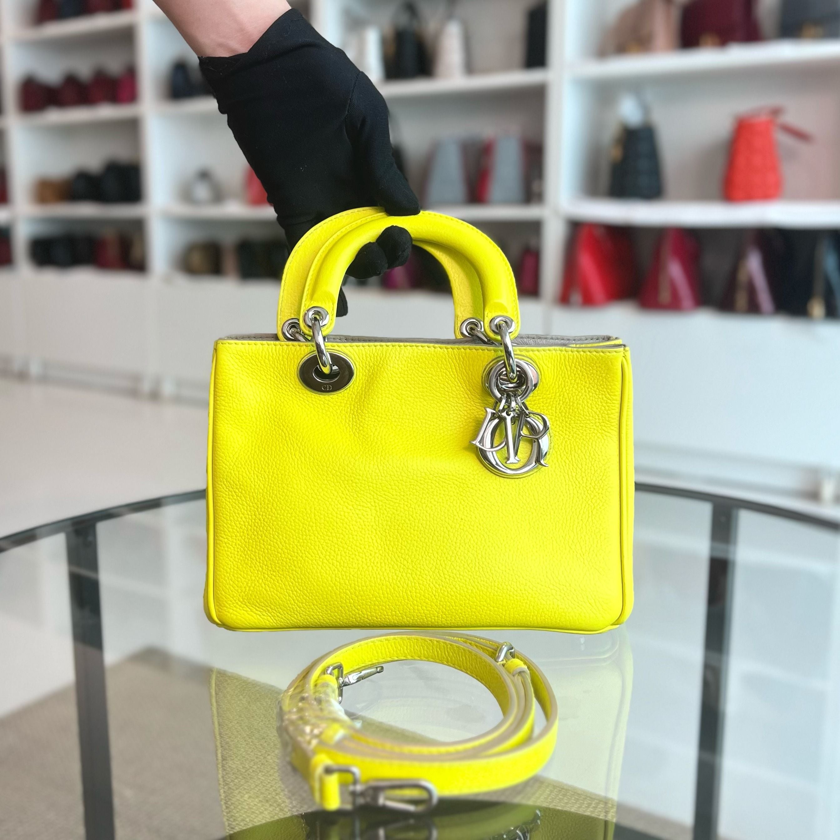 Dior Diorissimo Mini Lady Smooth Calfskin Leather Yellow SHW - Luxury Evermore