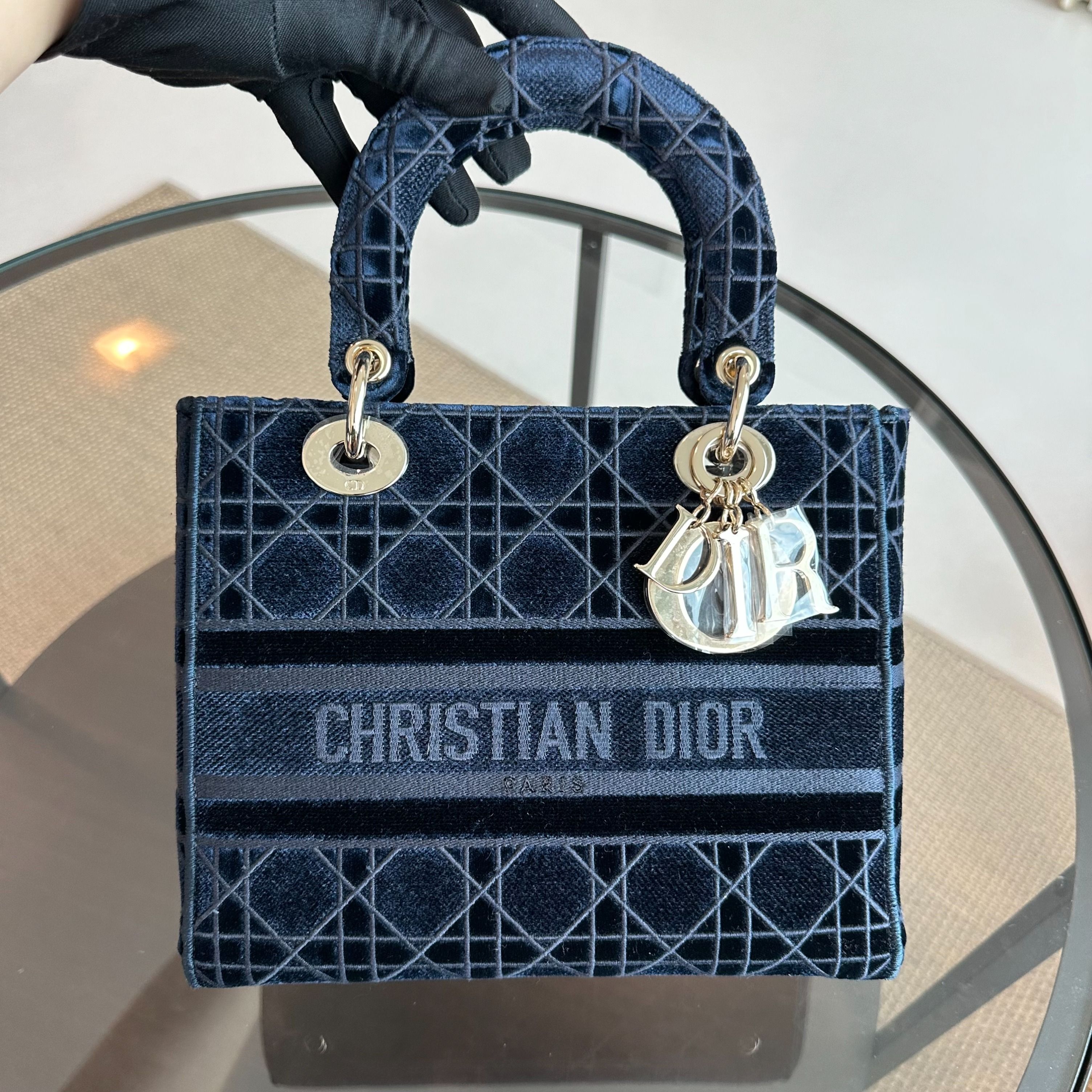 Dior Lady D-Lite Cannage Embroidered Velvet Dark Blue GHW - Luxury Evermore