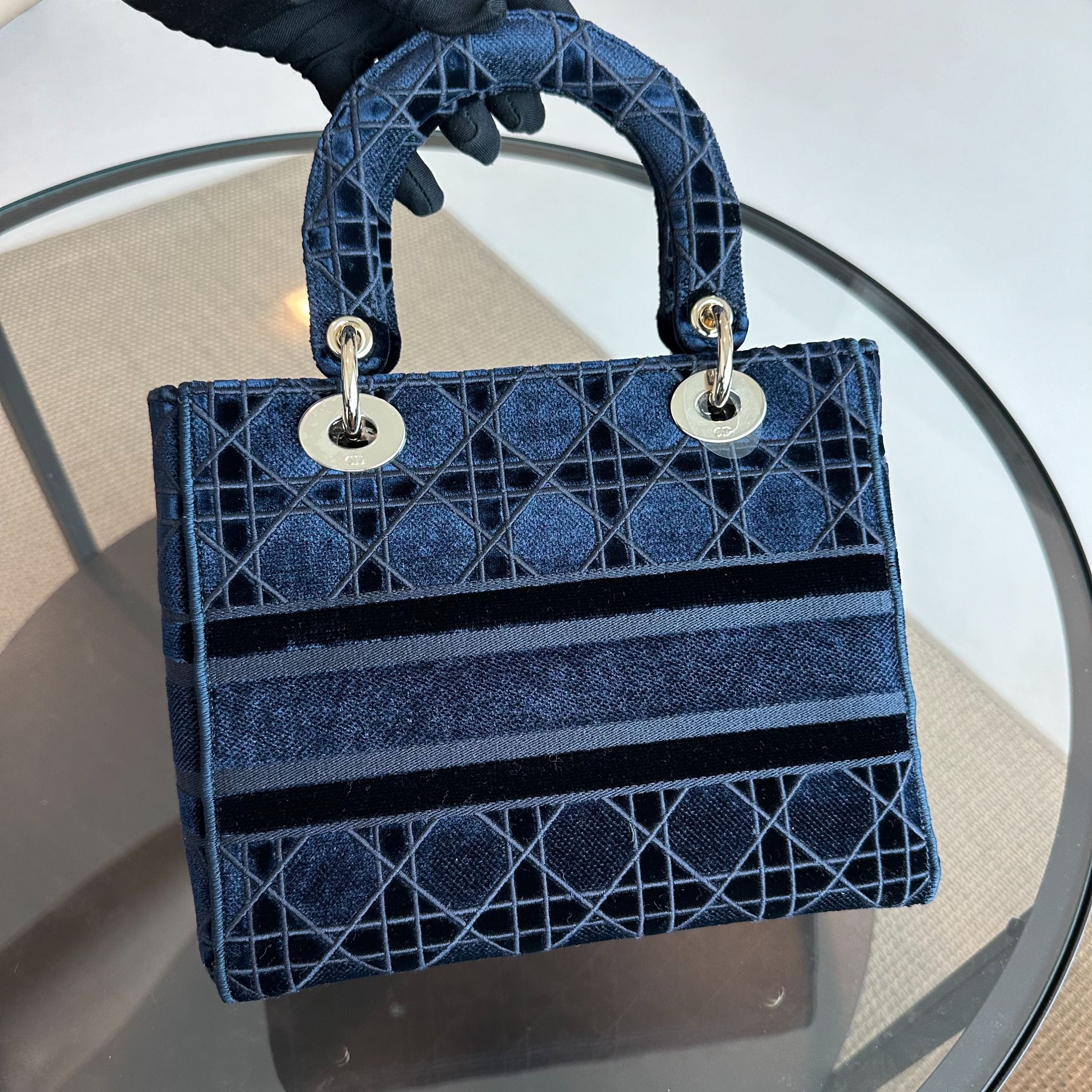 Dior Lady D-Lite Cannage Embroidered Velvet Dark Blue GHW - Luxury Evermore