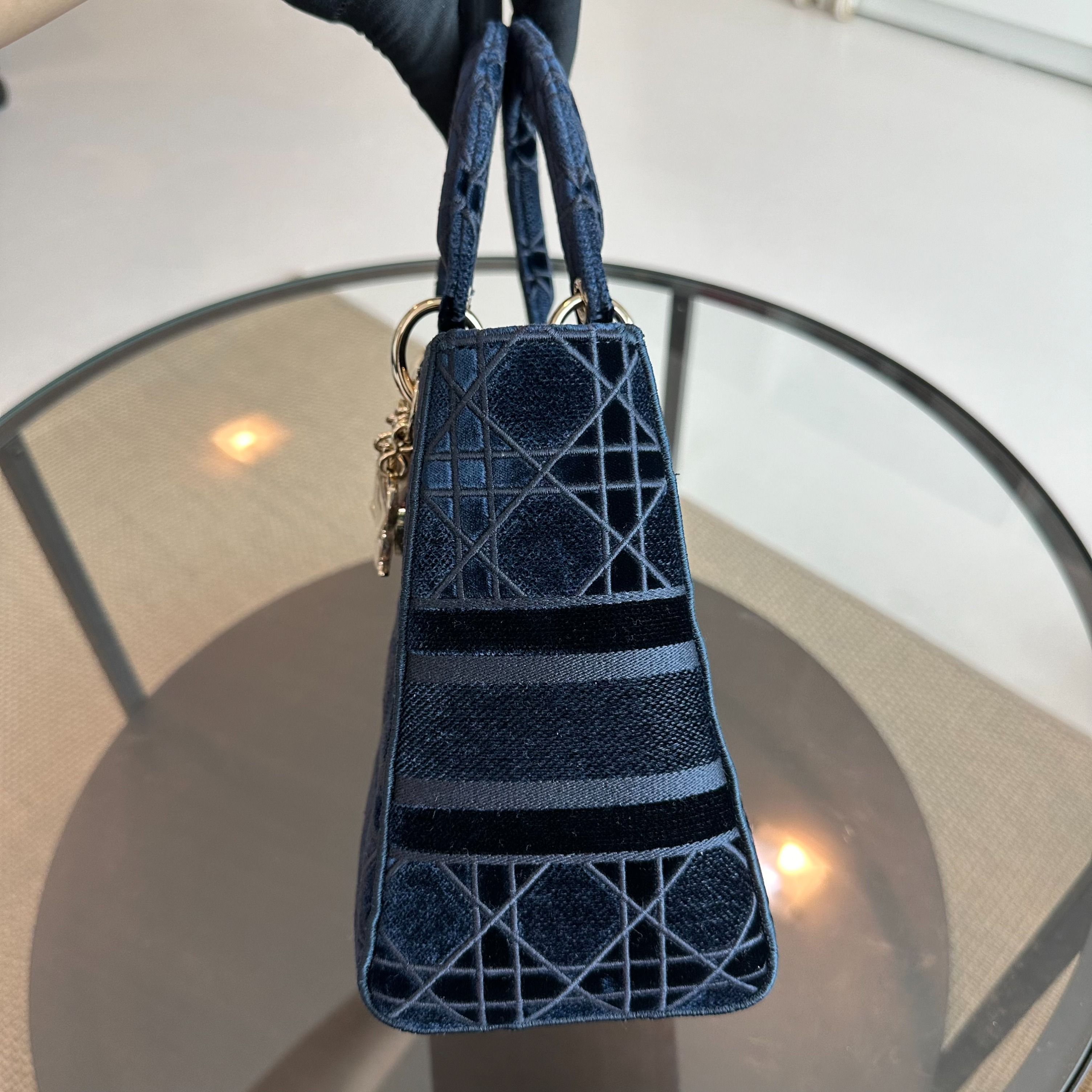 Dior Lady D-Lite Cannage Embroidered Velvet Dark Blue GHW - Luxury Evermore