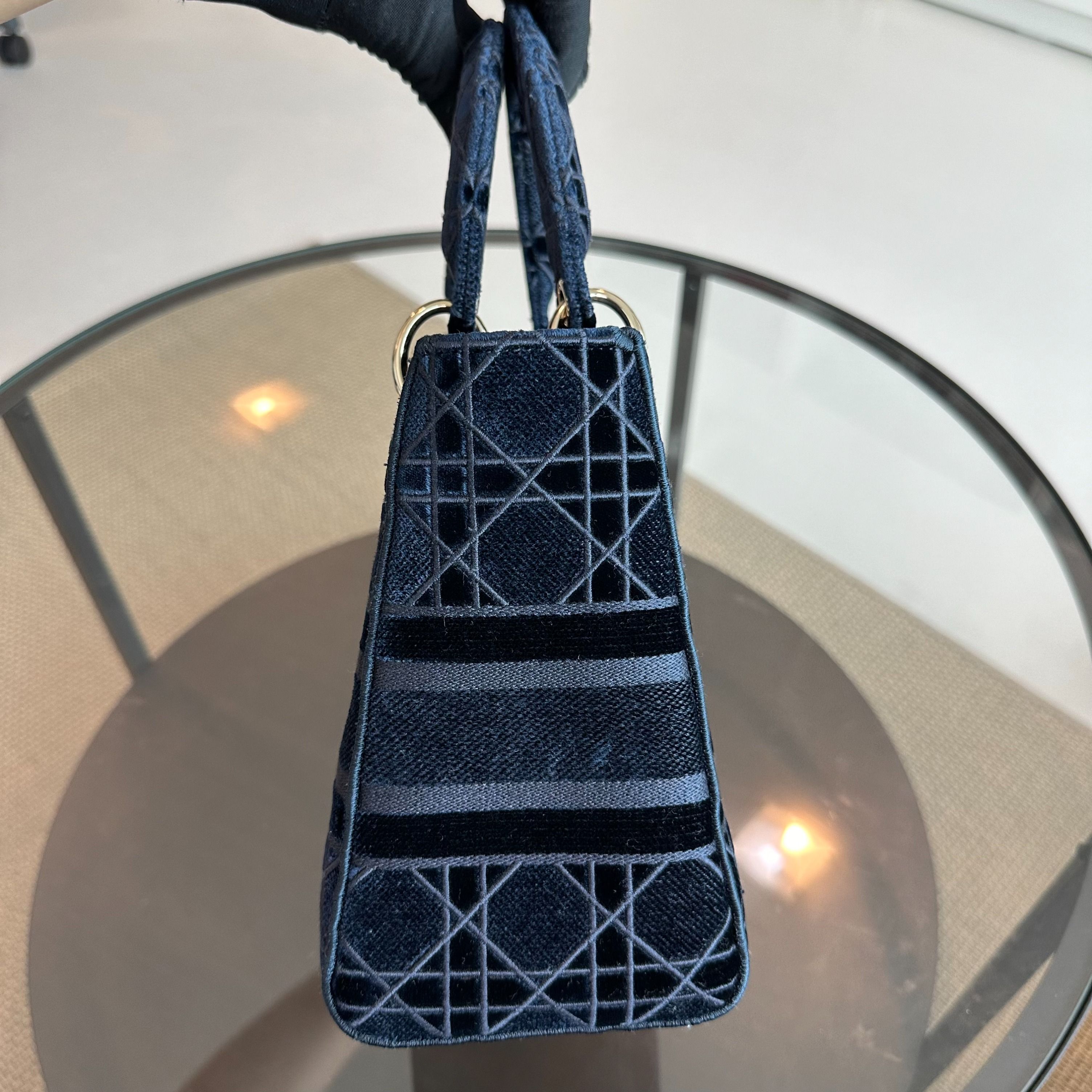 Dior Lady D-Lite Cannage Embroidered Velvet Dark Blue GHW - Luxury Evermore