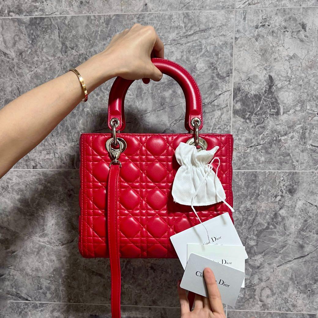 Dior Lady Lambskin Medium Red SHW - Luxury Evermore