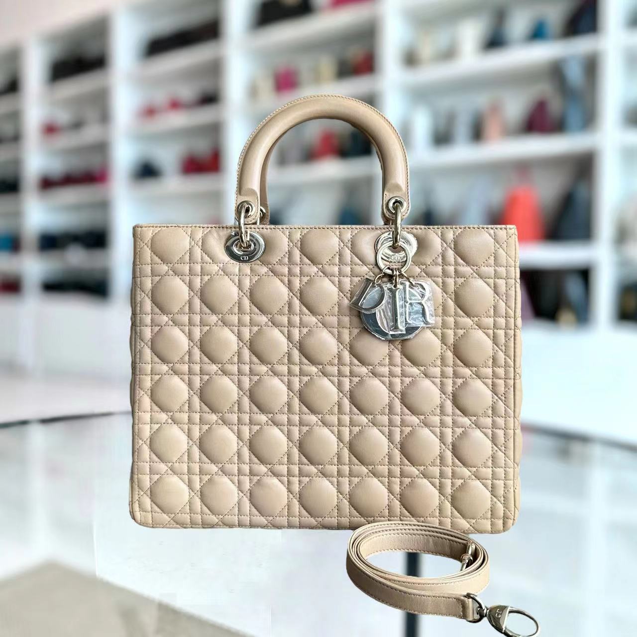 Dior Lady Large Cannage Lambskin Beige SHW - Luxury Evermore