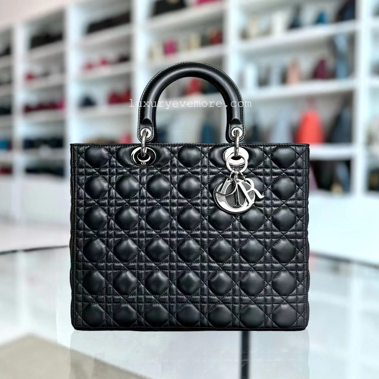 Dior Lady Large Cannage Lambskin Black Silver Hardware - Luxury Evermore