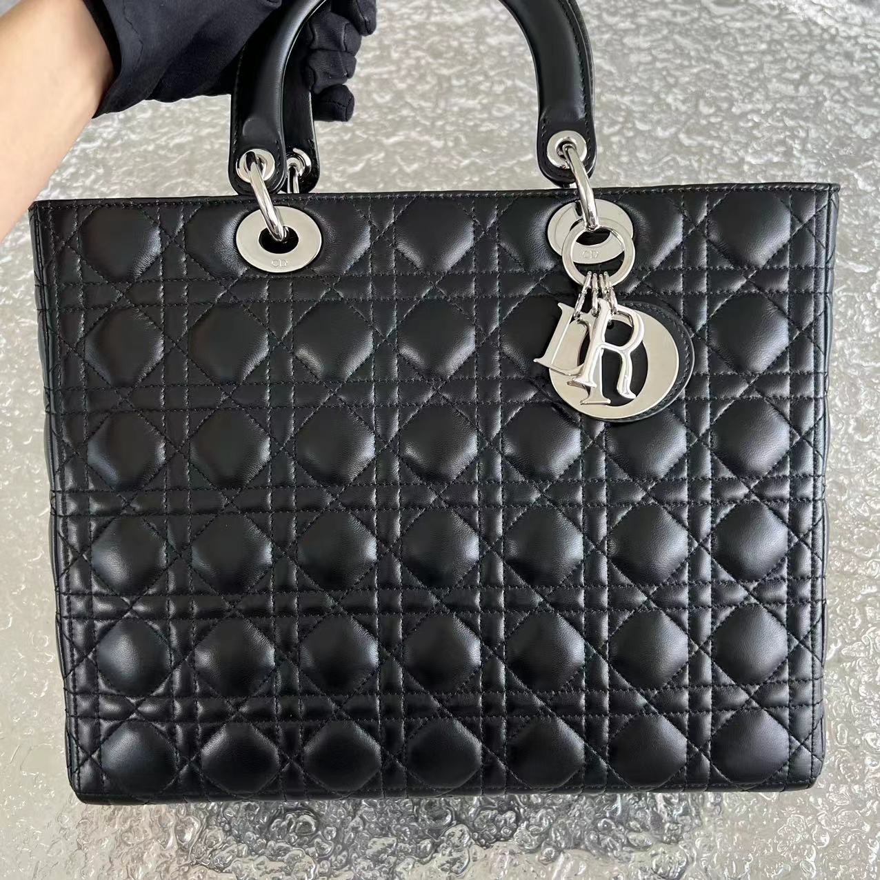 Dior Lady Large Cannage Lambskin Black Silver Hardware - Luxury Evermore