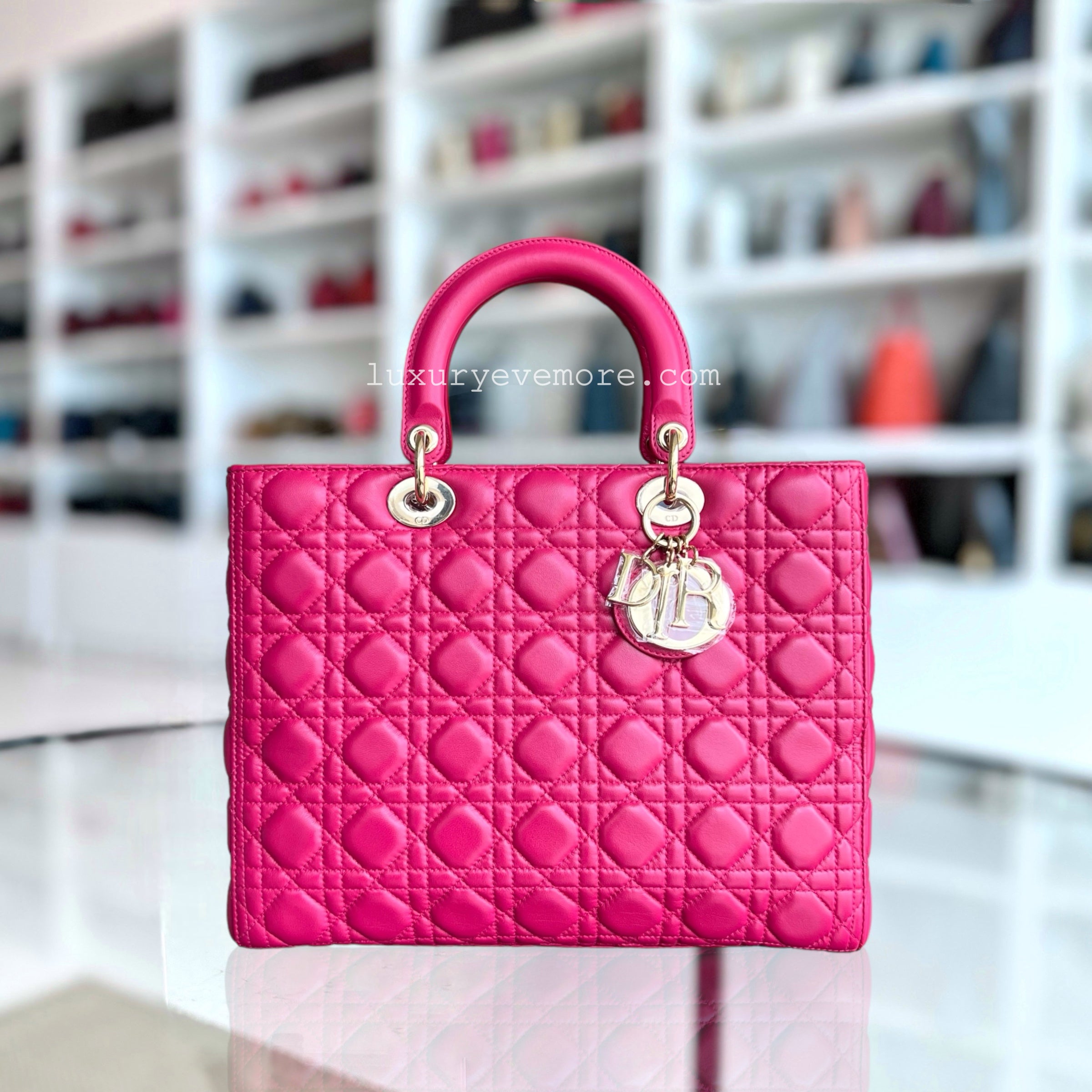 Dior Lady Large Cannage Lambskin Hot Pink Gold Hardware - Luxury Evermore