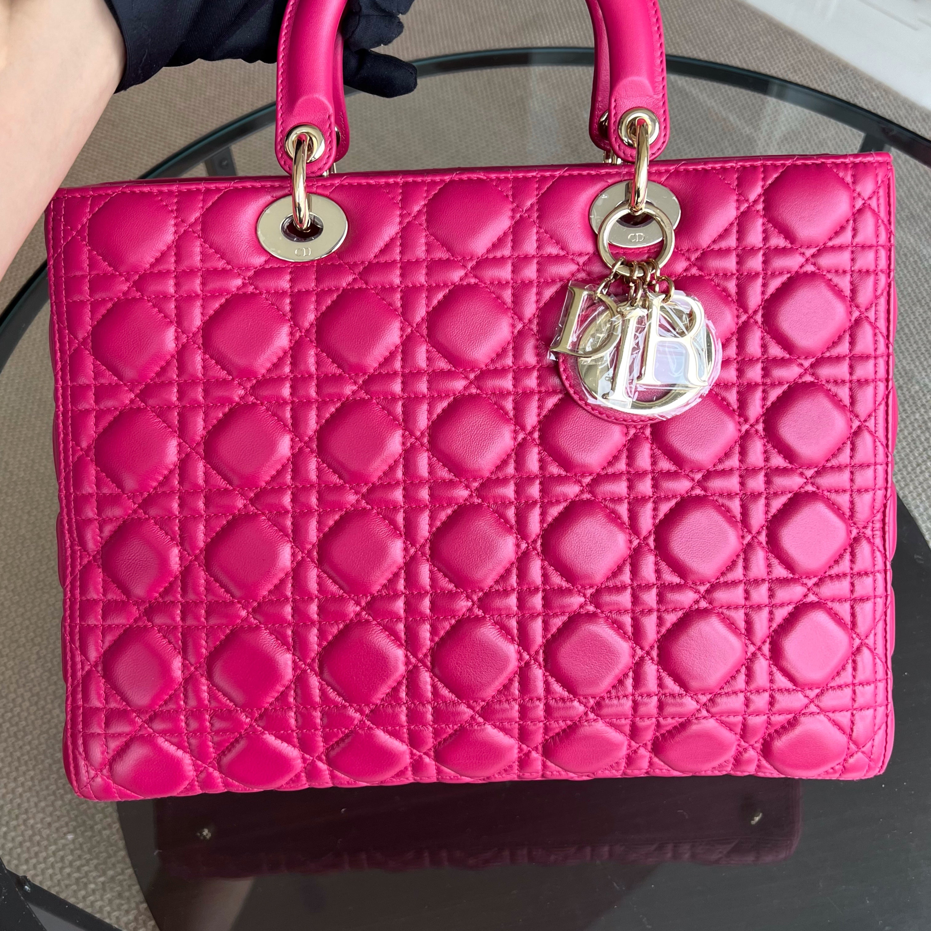 Dior Lady Large Cannage Lambskin Hot Pink Gold Hardware - Luxury Evermore