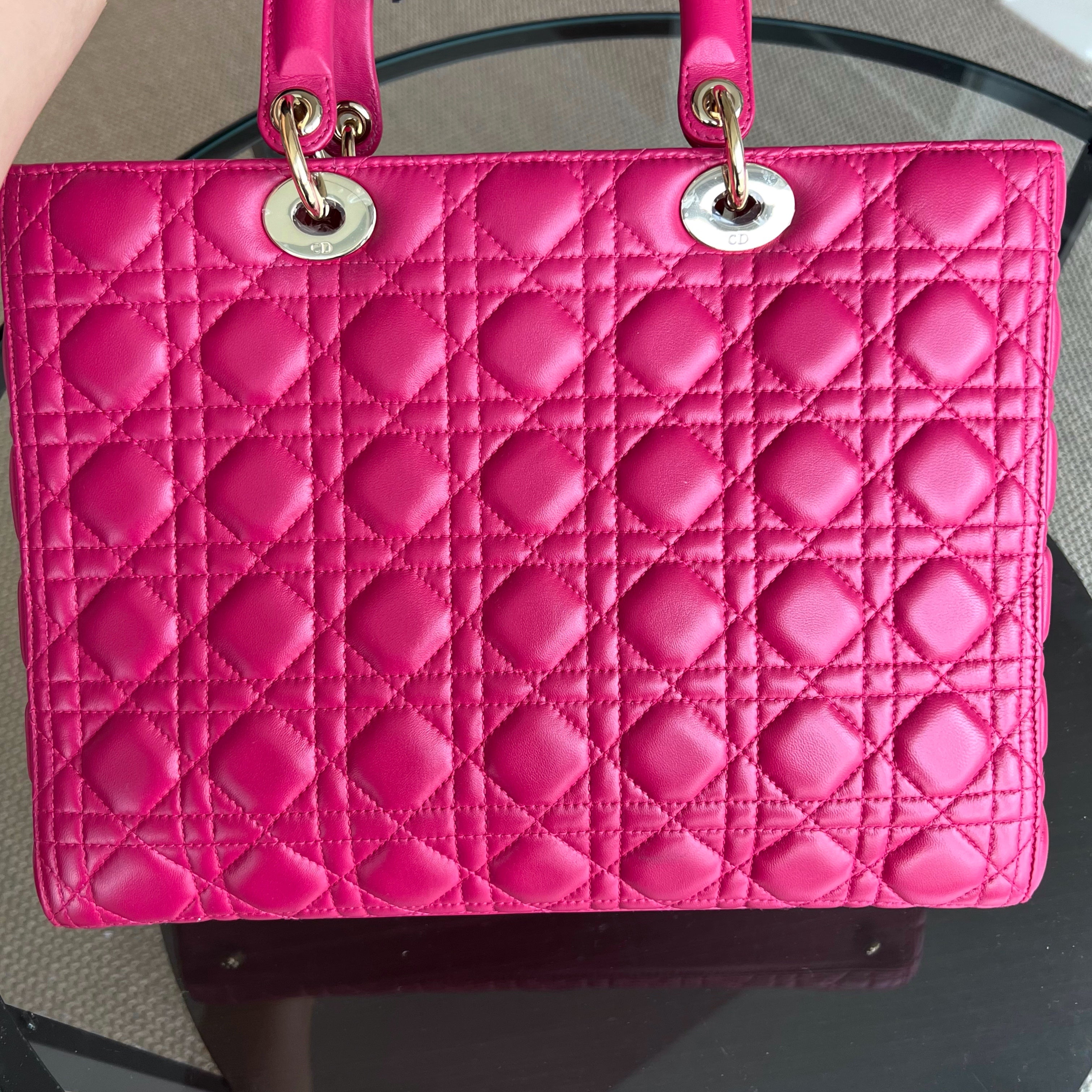 Dior Lady Large Cannage Lambskin Hot Pink Gold Hardware - Luxury Evermore