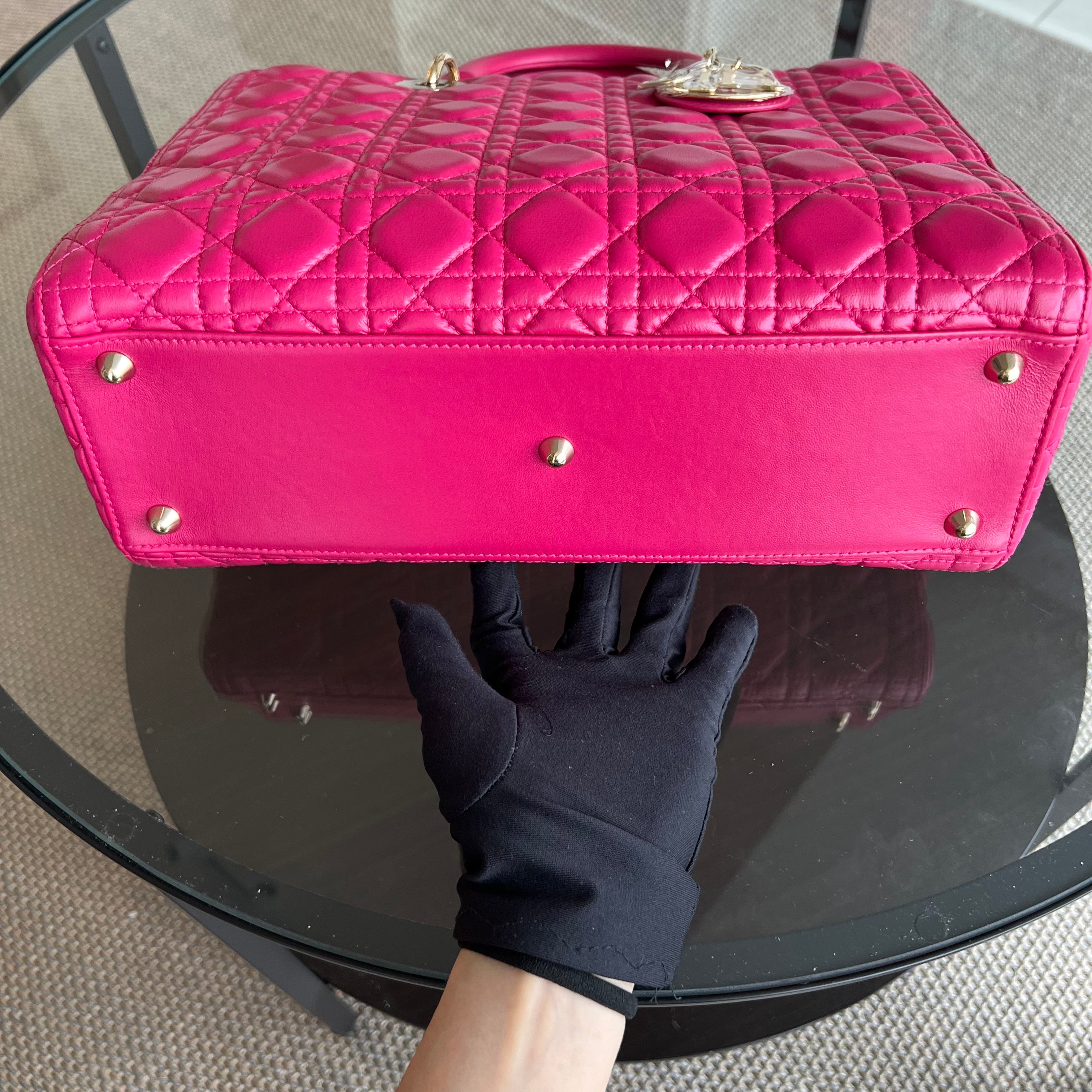 Dior Lady Large Cannage Lambskin Hot Pink Gold Hardware - Luxury Evermore