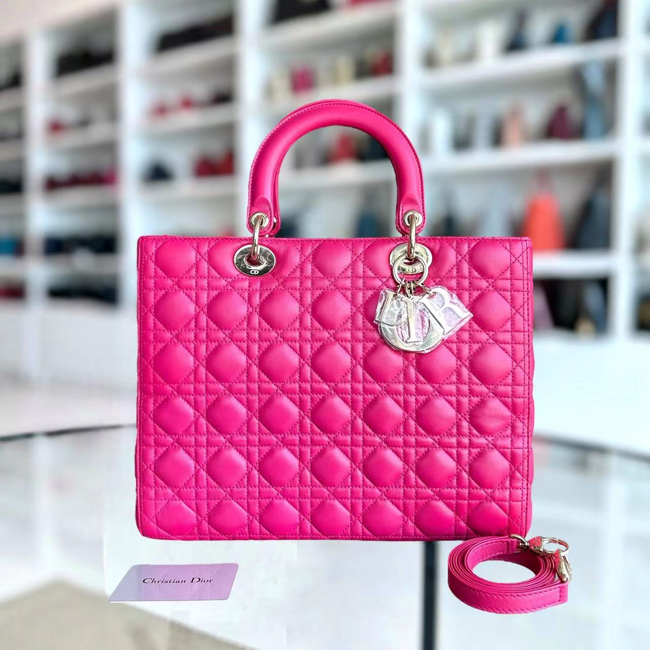 Dior Lady Large Cannage Lambskin Hot Pink Golden Hardware - Luxury Evermore