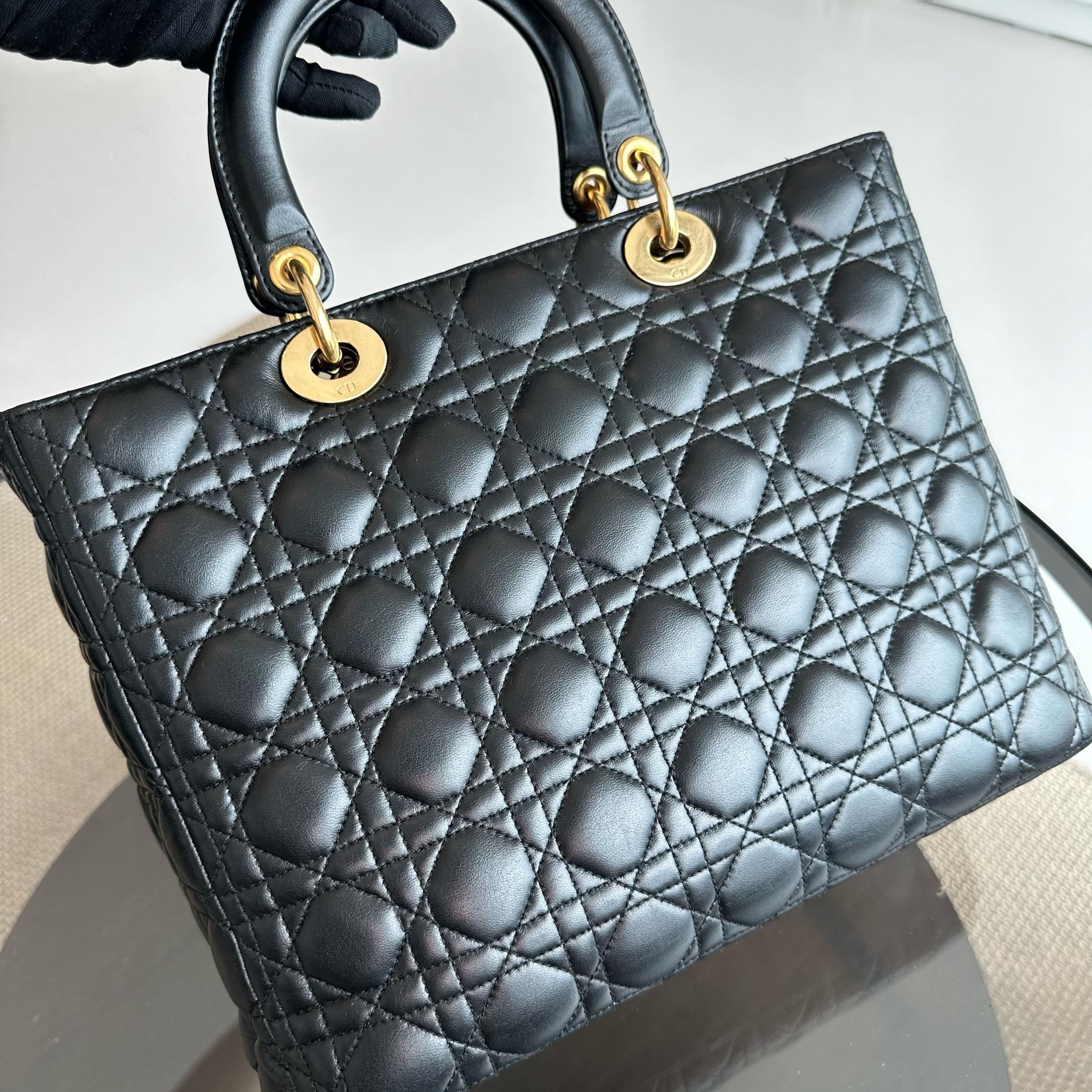 Dior Lady Large Lambskin Cannage Black GHW - Luxury Evermore