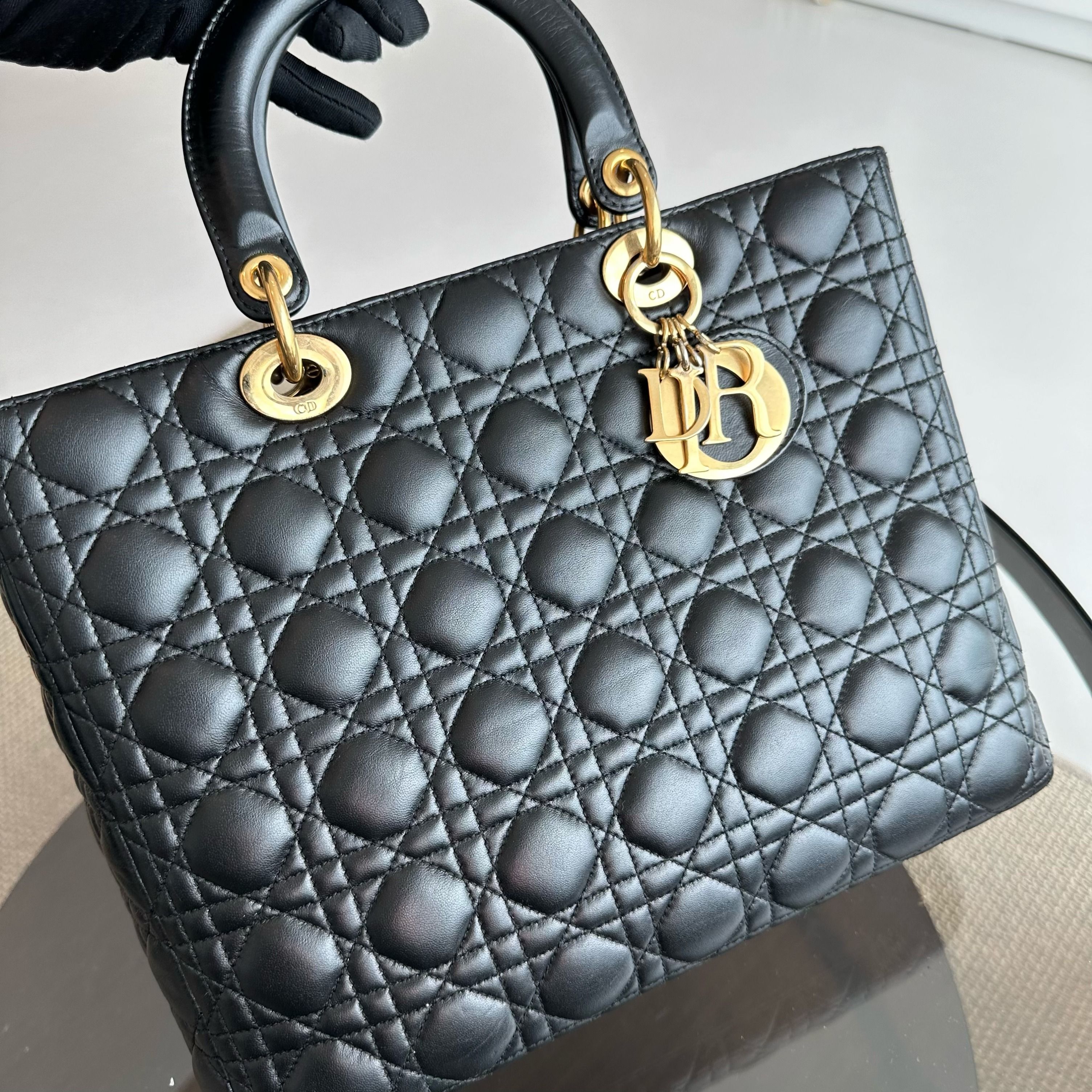 Dior Lady Large Lambskin Cannage Black GHW - Luxury Evermore