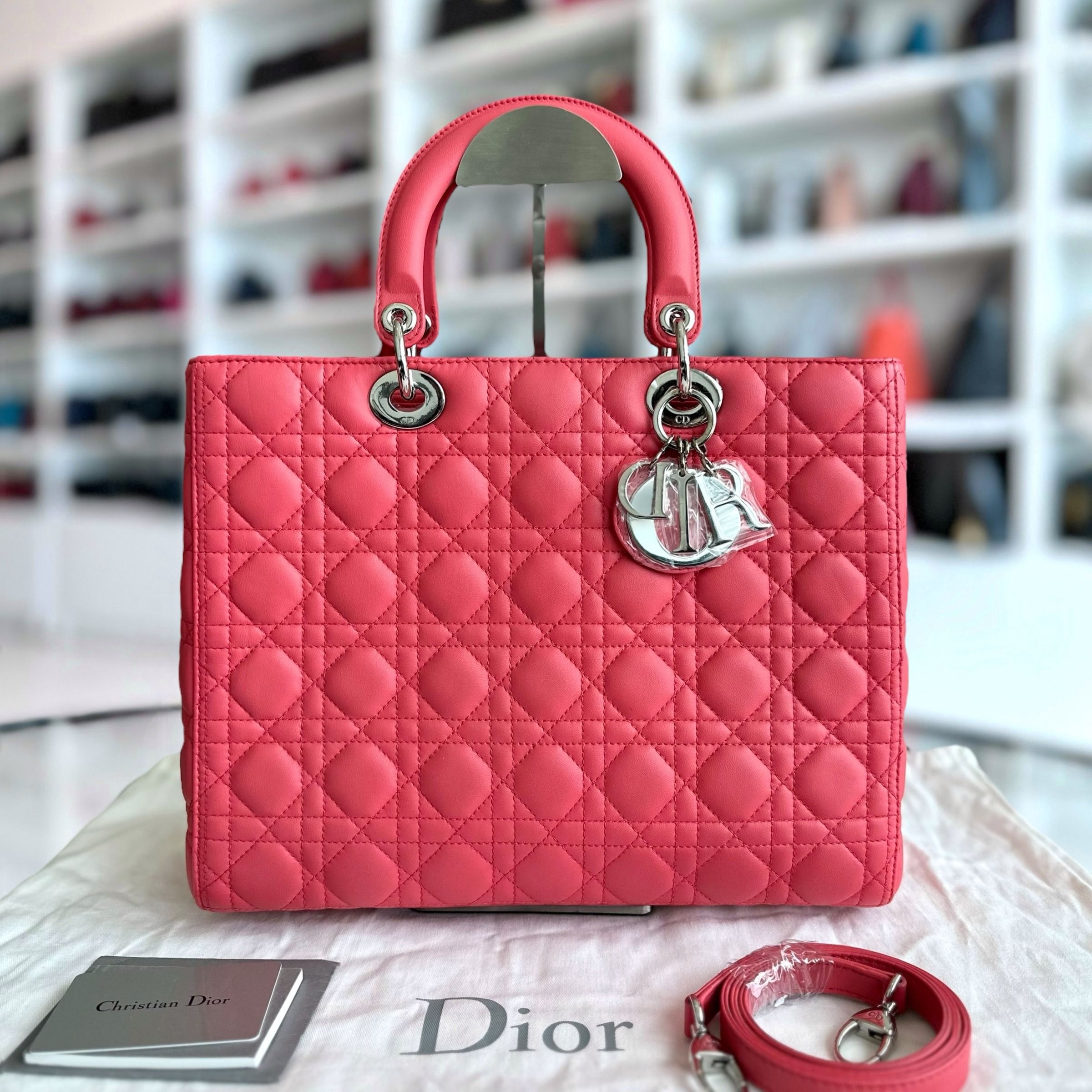 Dior Lady Large Lambskin Cannage Hot Pink SHW - Luxury Evermore