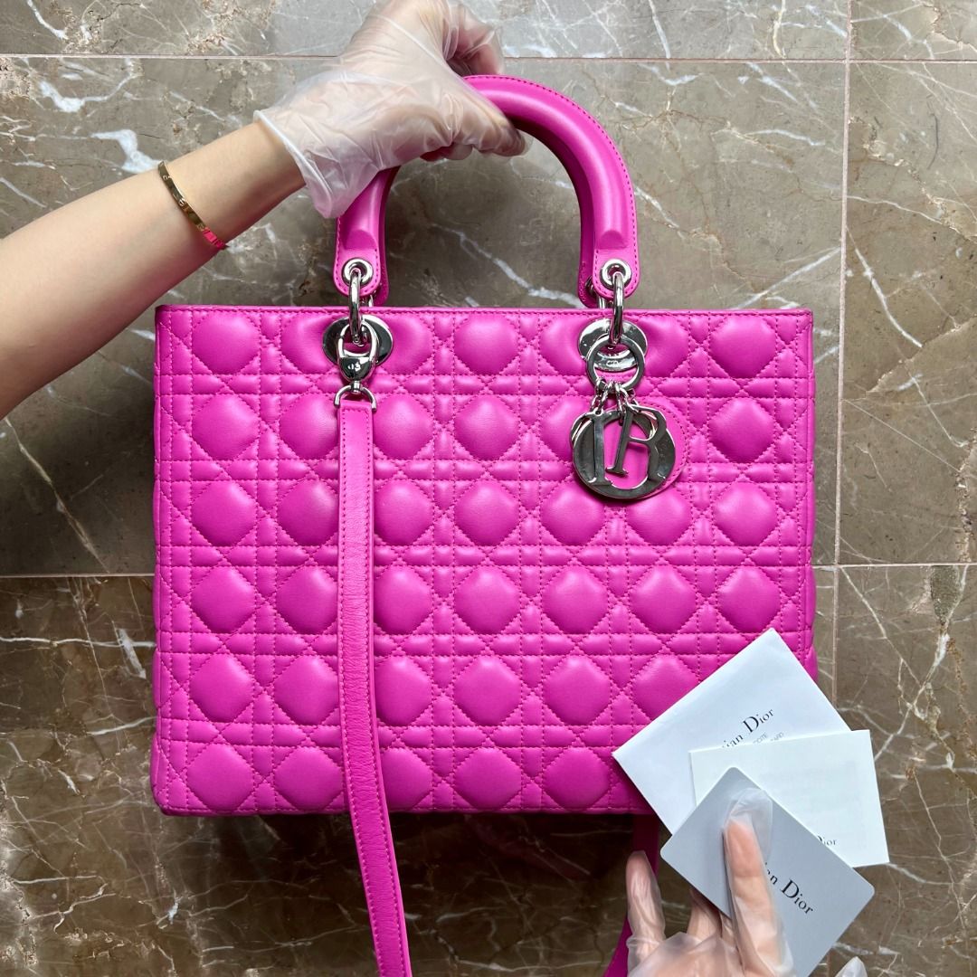 Dior Lady Large Lambskin Hot Pink SHW - Luxury Evermore