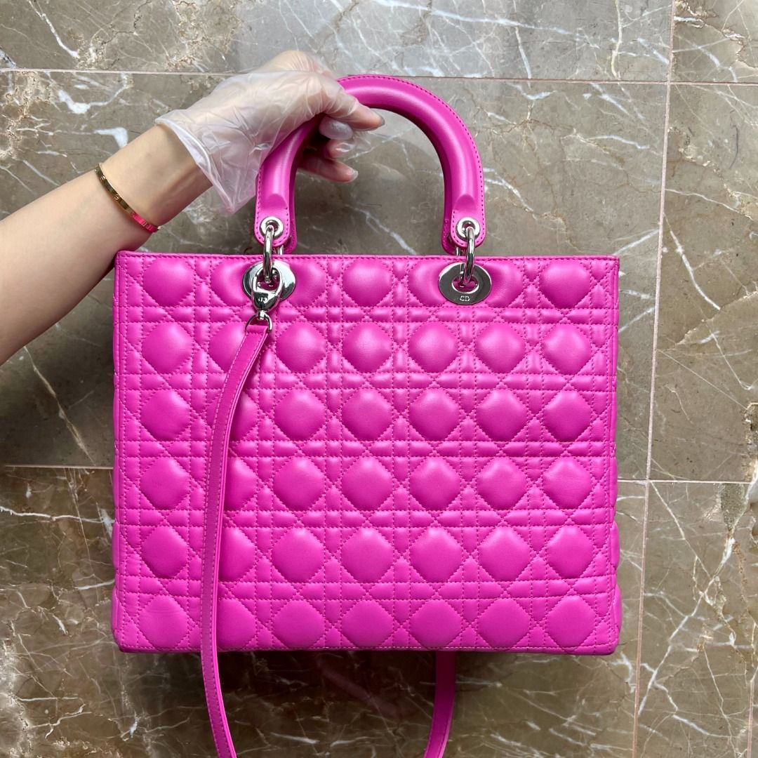 Dior Lady Large Lambskin Hot Pink SHW - Luxury Evermore