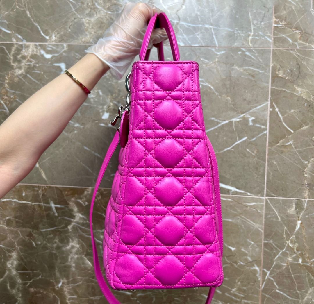 Dior Lady Large Lambskin Hot Pink SHW - Luxury Evermore