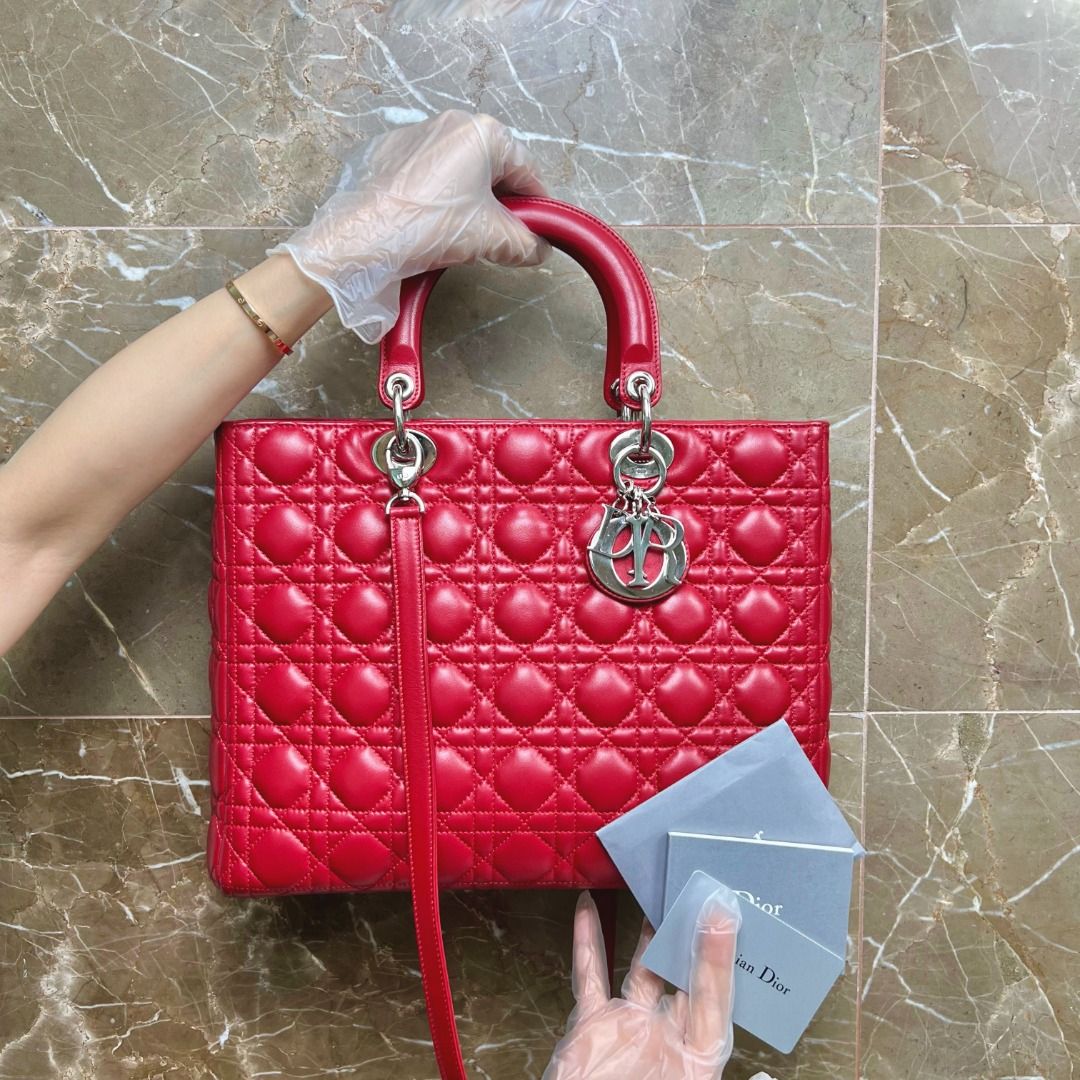 Dior Lady Large Lambskin Red SHW - Luxury Evermore