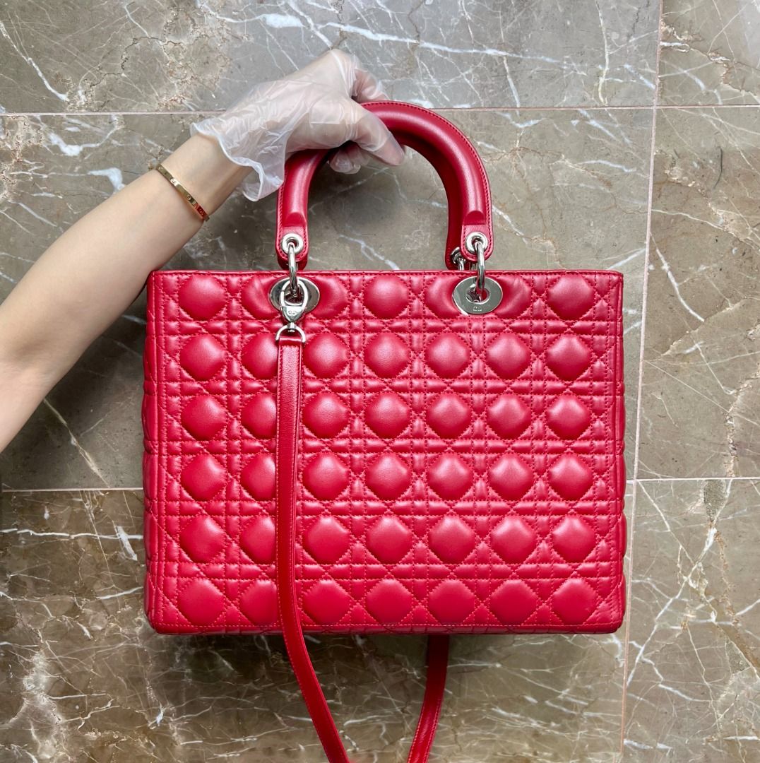 Dior Lady Large Lambskin Red SHW - Luxury Evermore