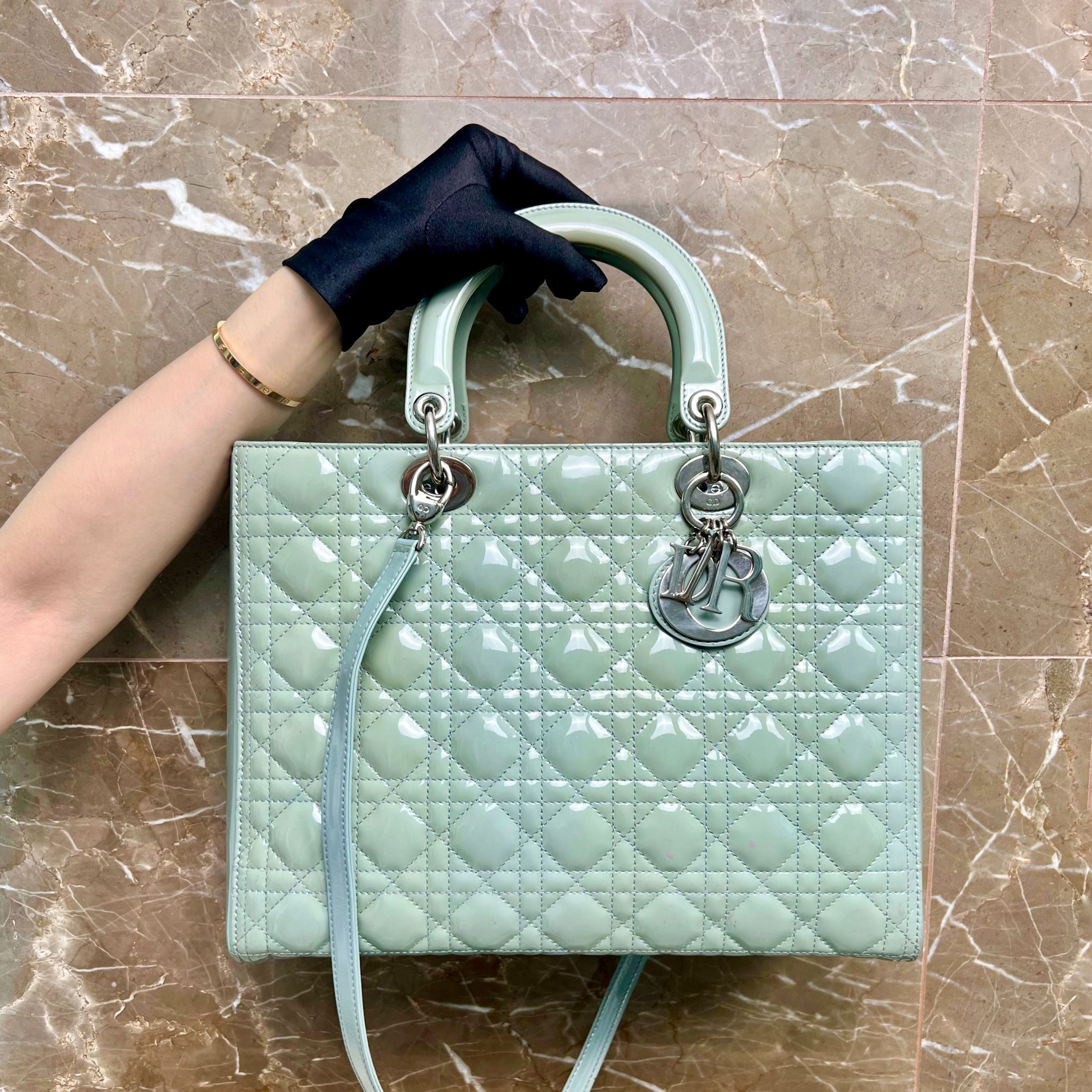 Dior Lady Large Patent Leather Mint SHW - Luxury Evermore