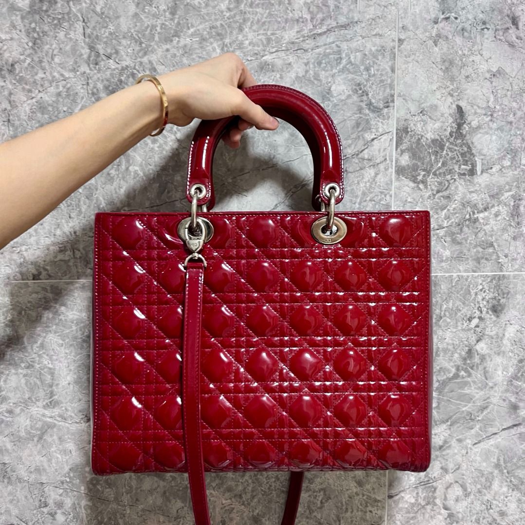 Dior Lady Large Patent Leather Red SHW - Luxury Evermore