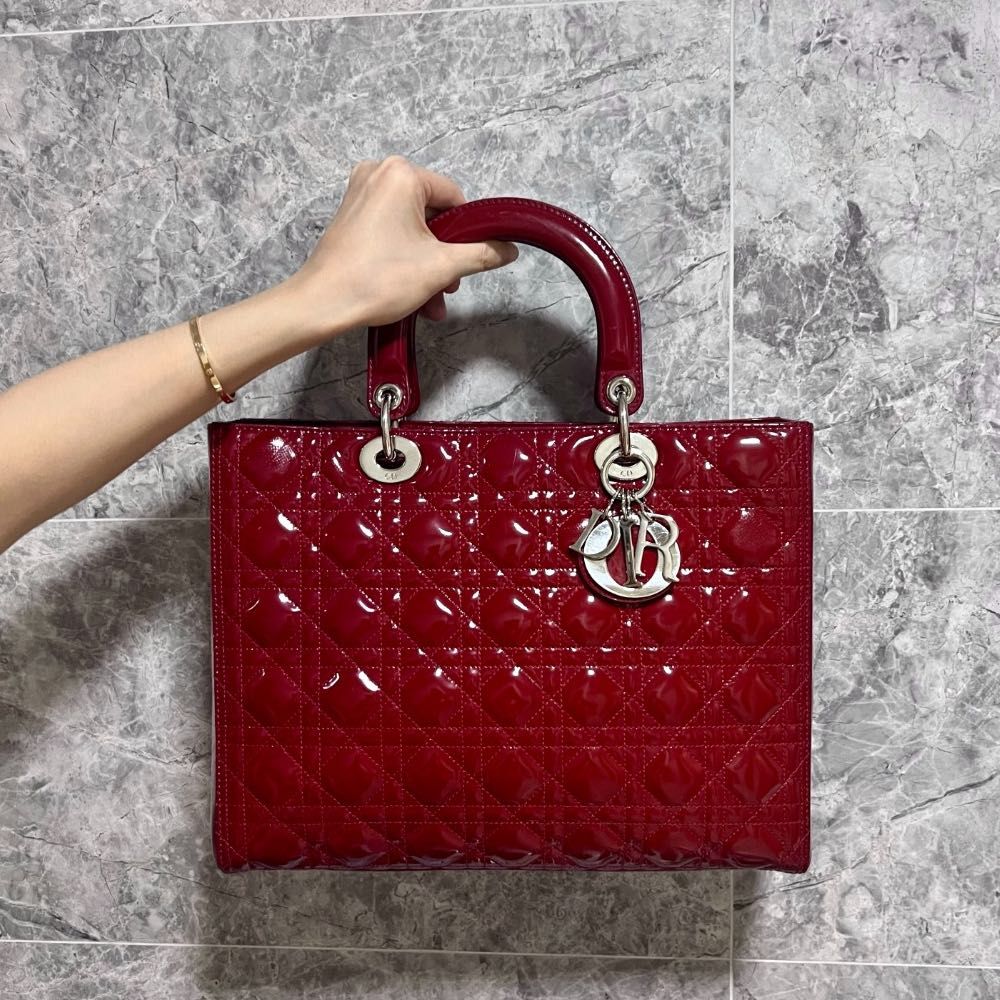 Dior Lady Large Patent Leather Red SHW No Strap - Luxury Evermore