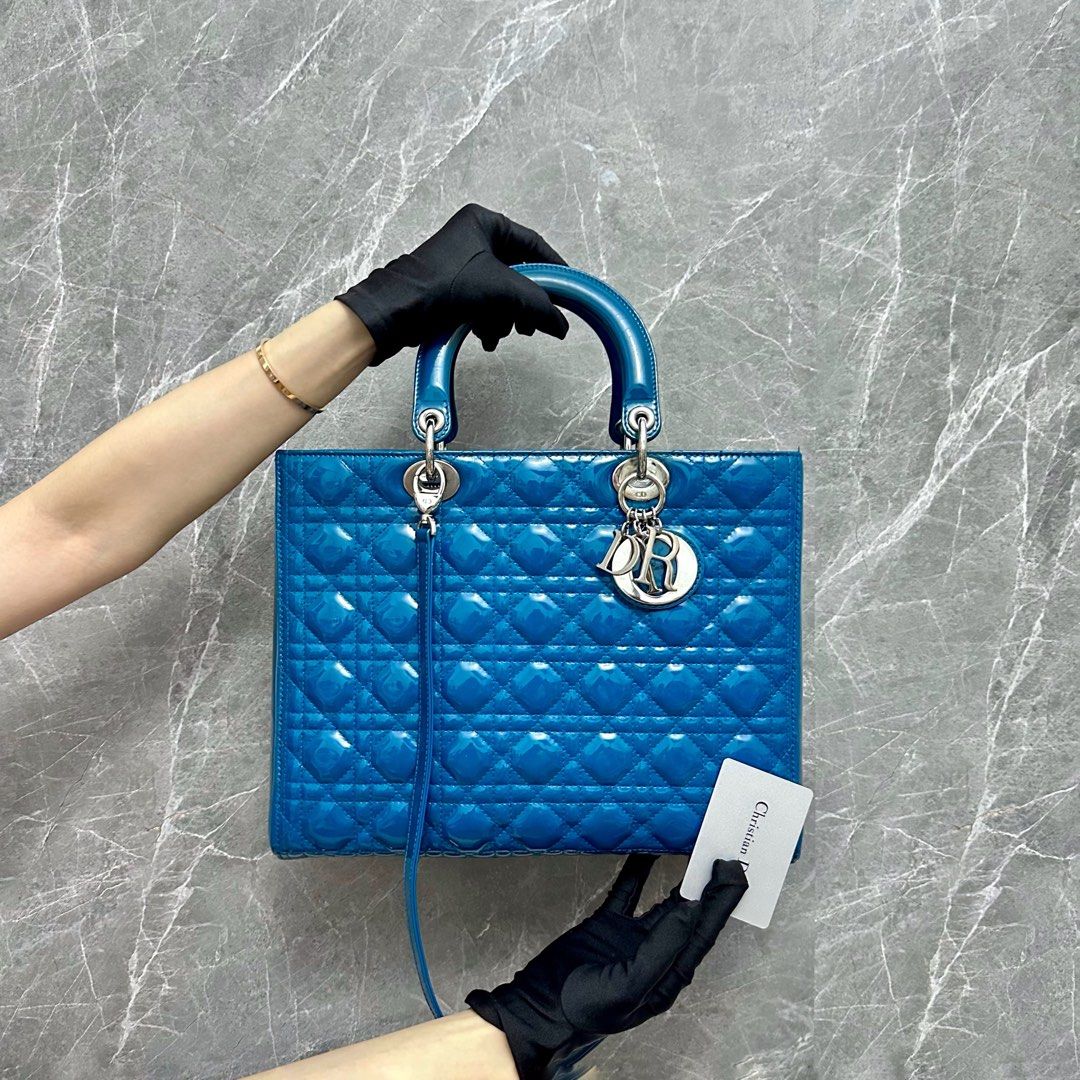 Dior Lady Large Patent Vernis Leather Blue Malachite SHW - Luxury Evermore