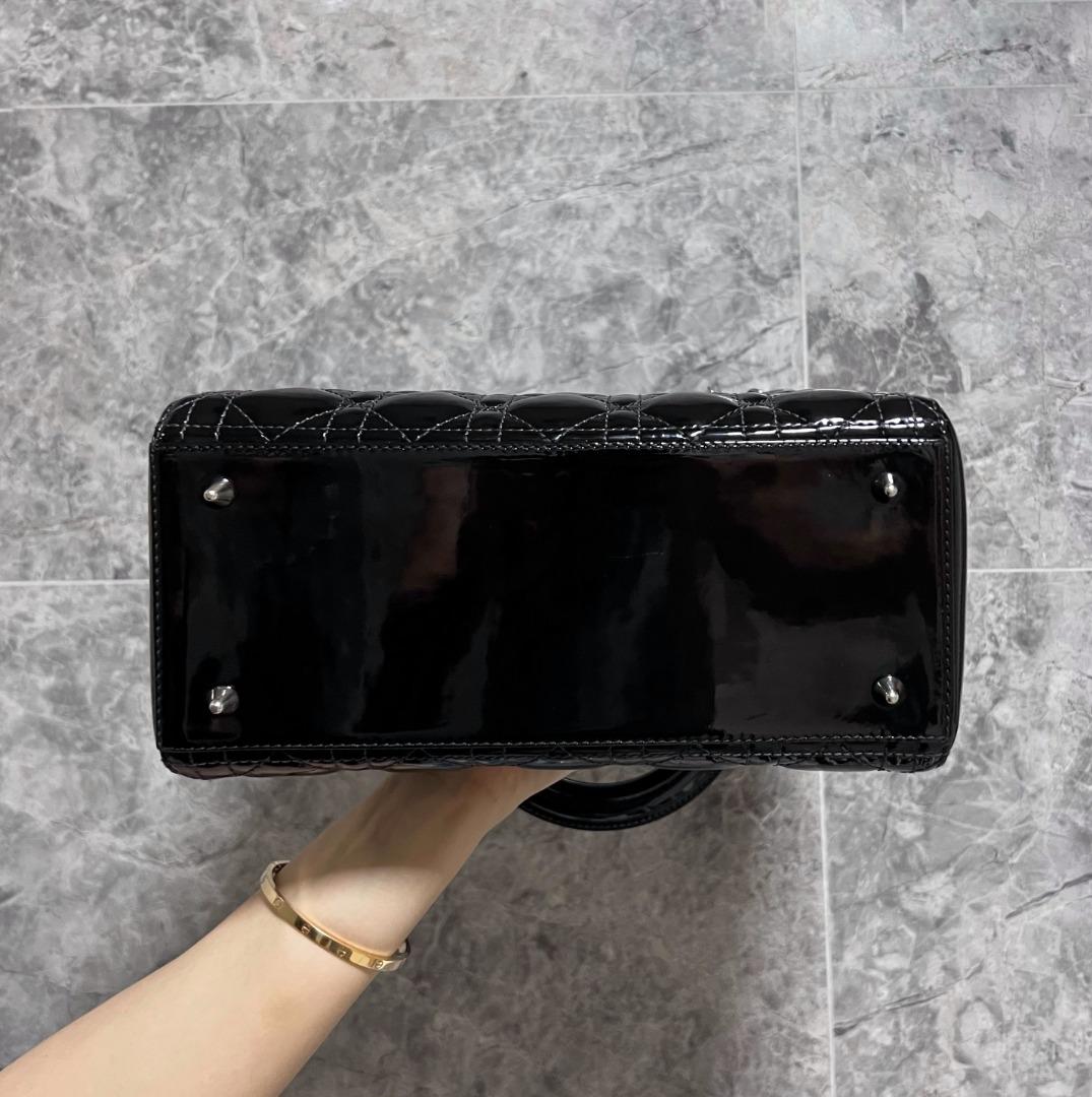 Dior Lady Medium Black Patent Leather SHW - Luxury Evermore