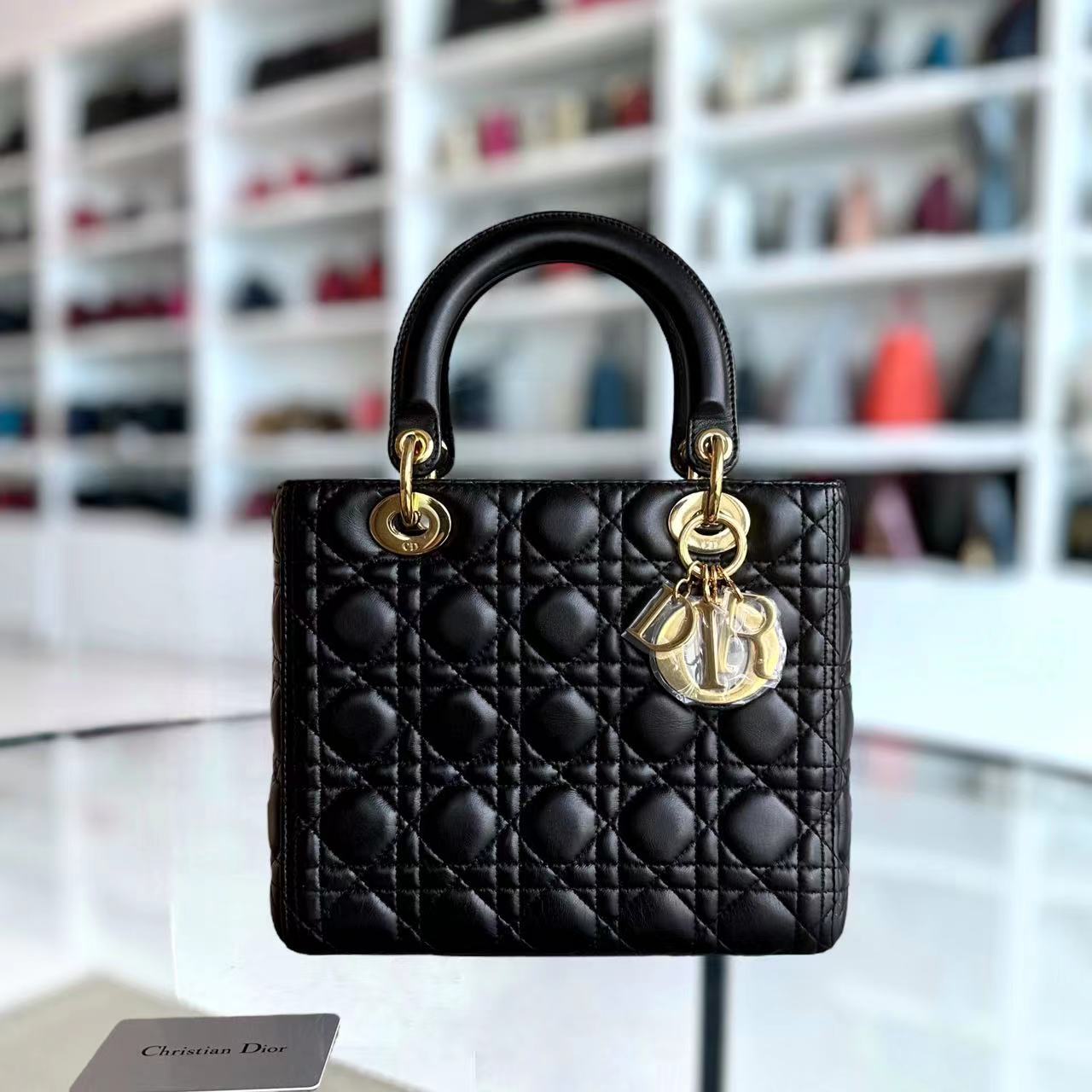 Dior Lady Medium Cannage Lambskin Black GHW No Strap - Luxury Evermore