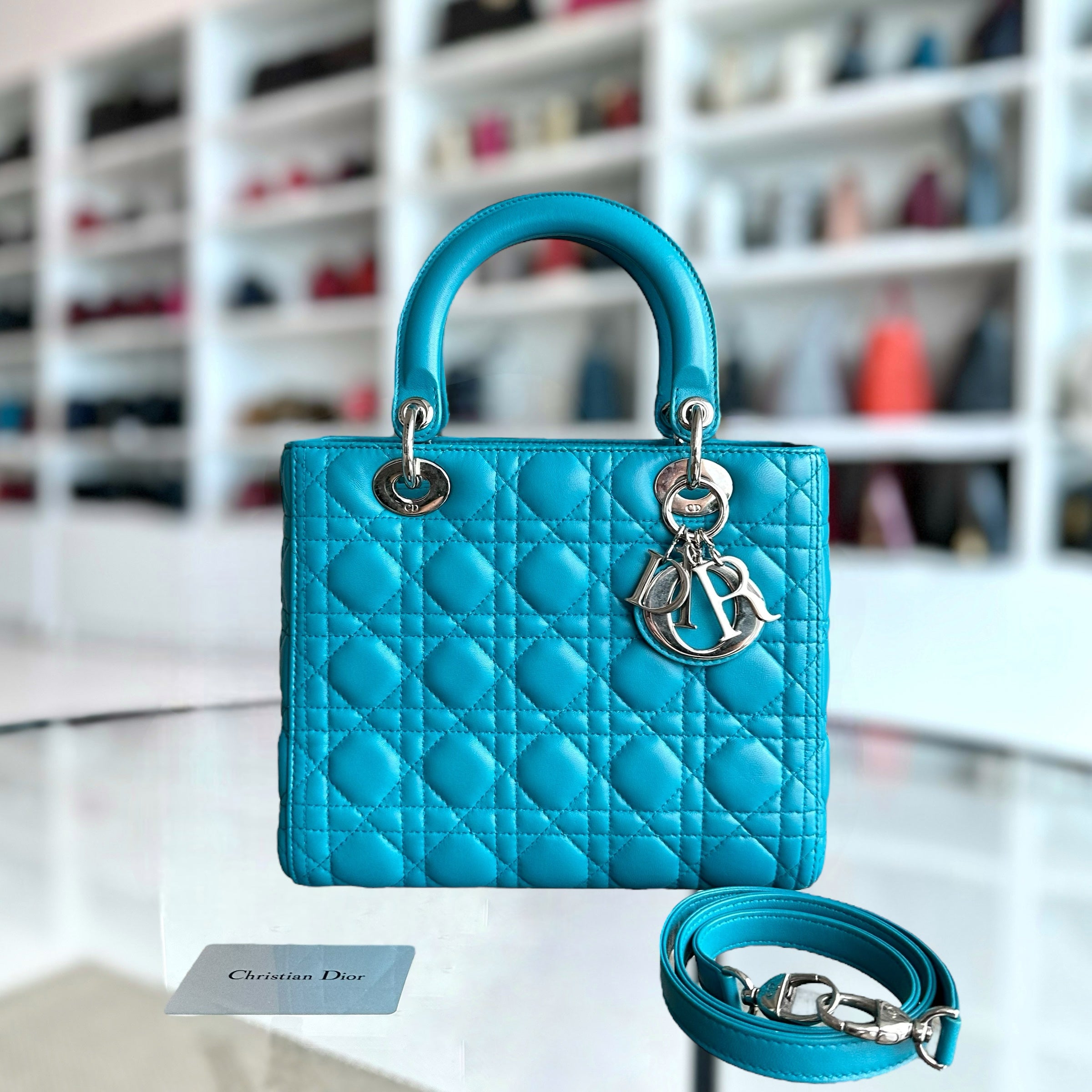 Dior Lady Medium Cannage Lambskin Blue Silver Hardware - Luxury Evermore