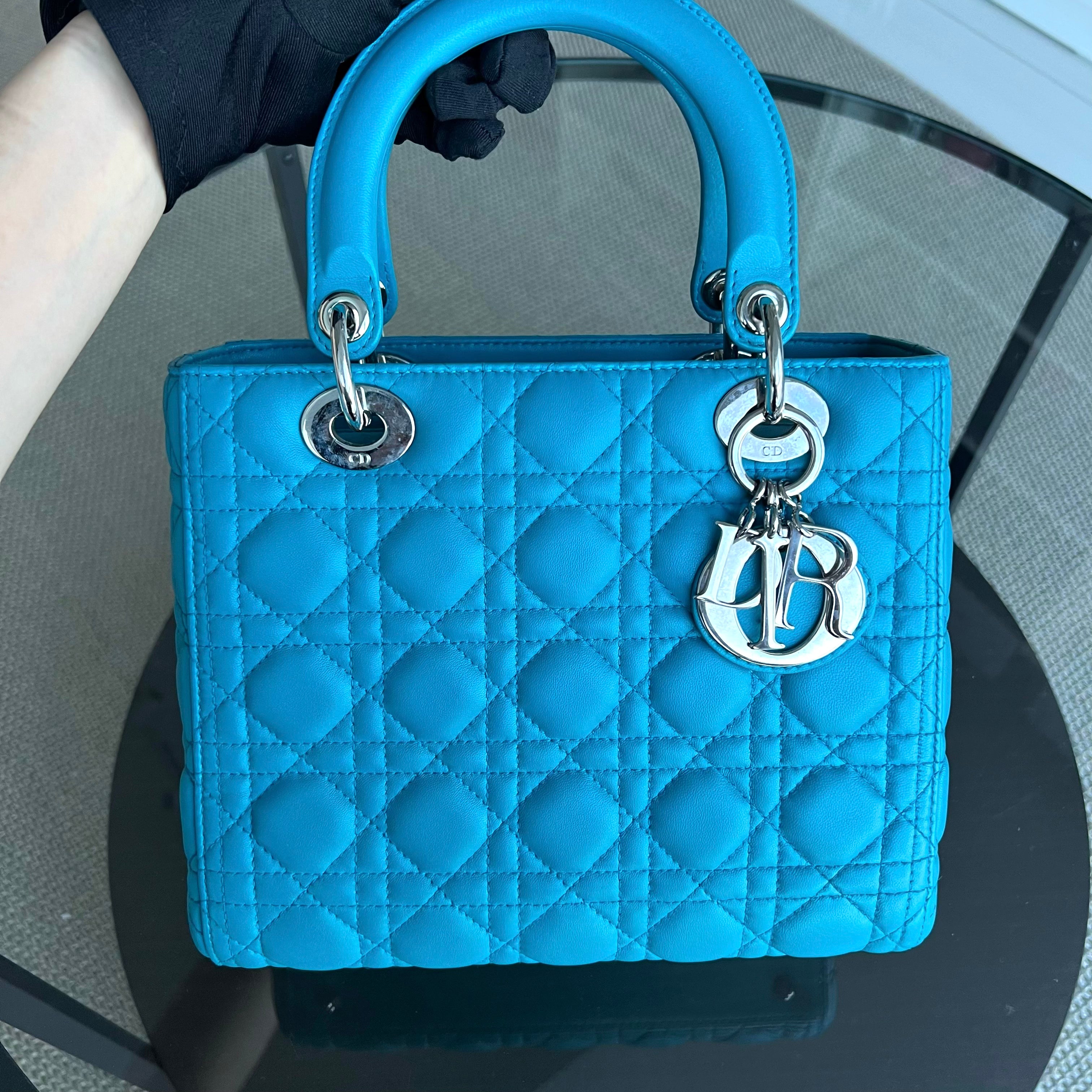 Dior Lady Medium Cannage Lambskin Blue Silver Hardware - Luxury Evermore