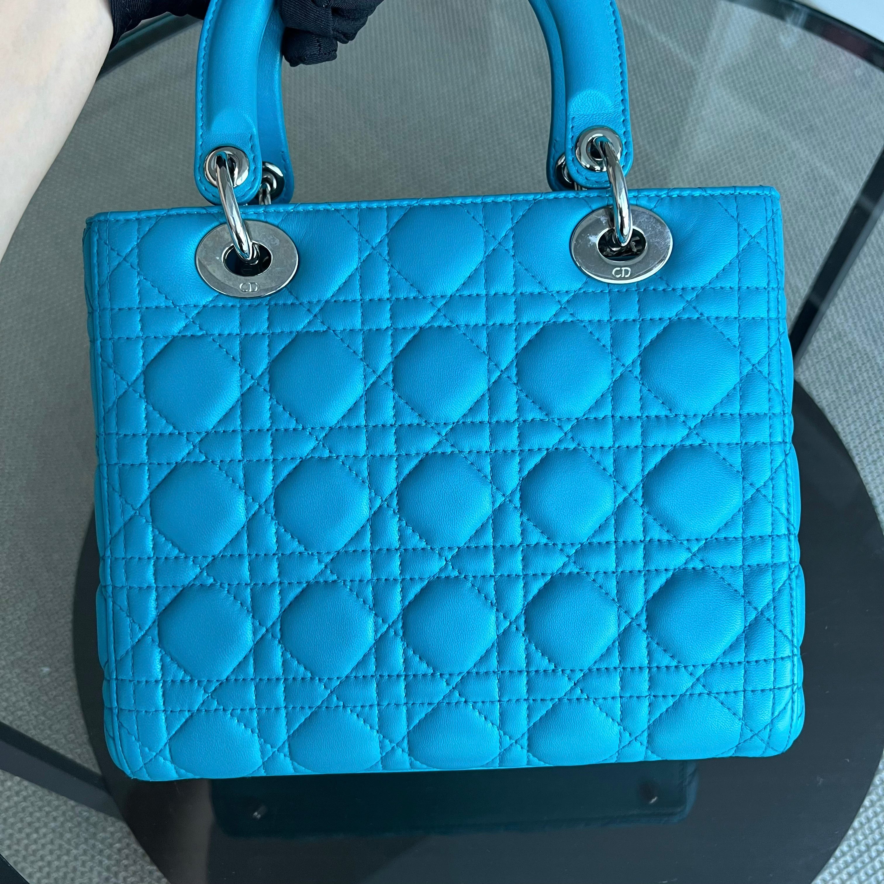 Dior Lady Medium Cannage Lambskin Blue Silver Hardware - Luxury Evermore