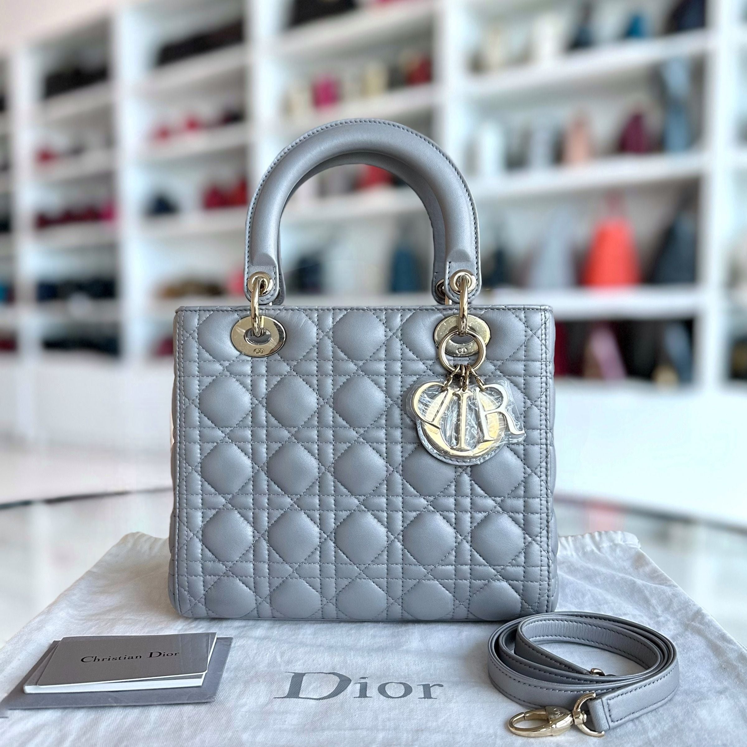 Dior Lady Medium Cannage Lambskin Gray GHW - Luxury Evermore