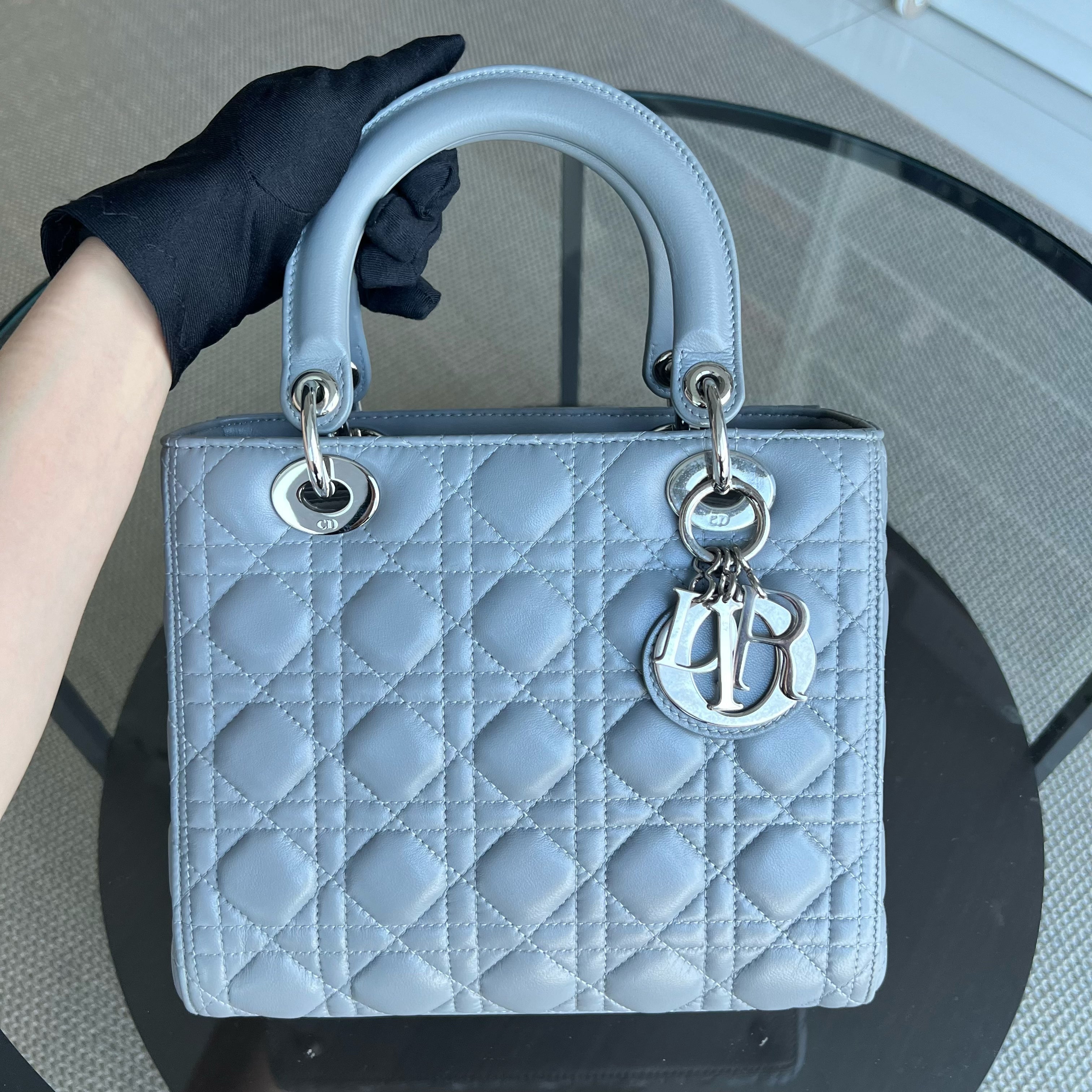 Dior Lady Medium Cannage Lambskin Grey Gray Silver Hardware - Luxury Evermore