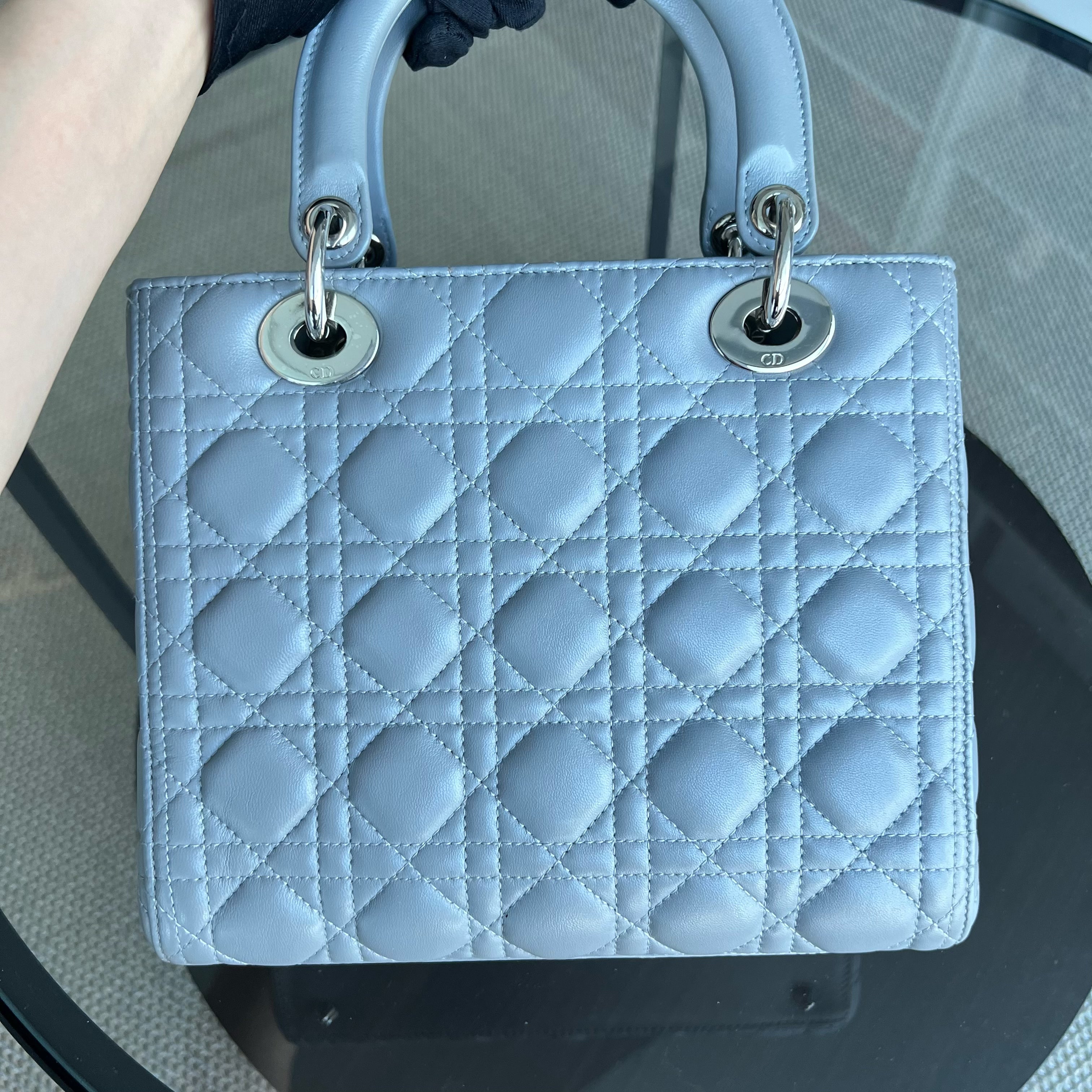 Dior Lady Medium Cannage Lambskin Grey Gray Silver Hardware - Luxury Evermore