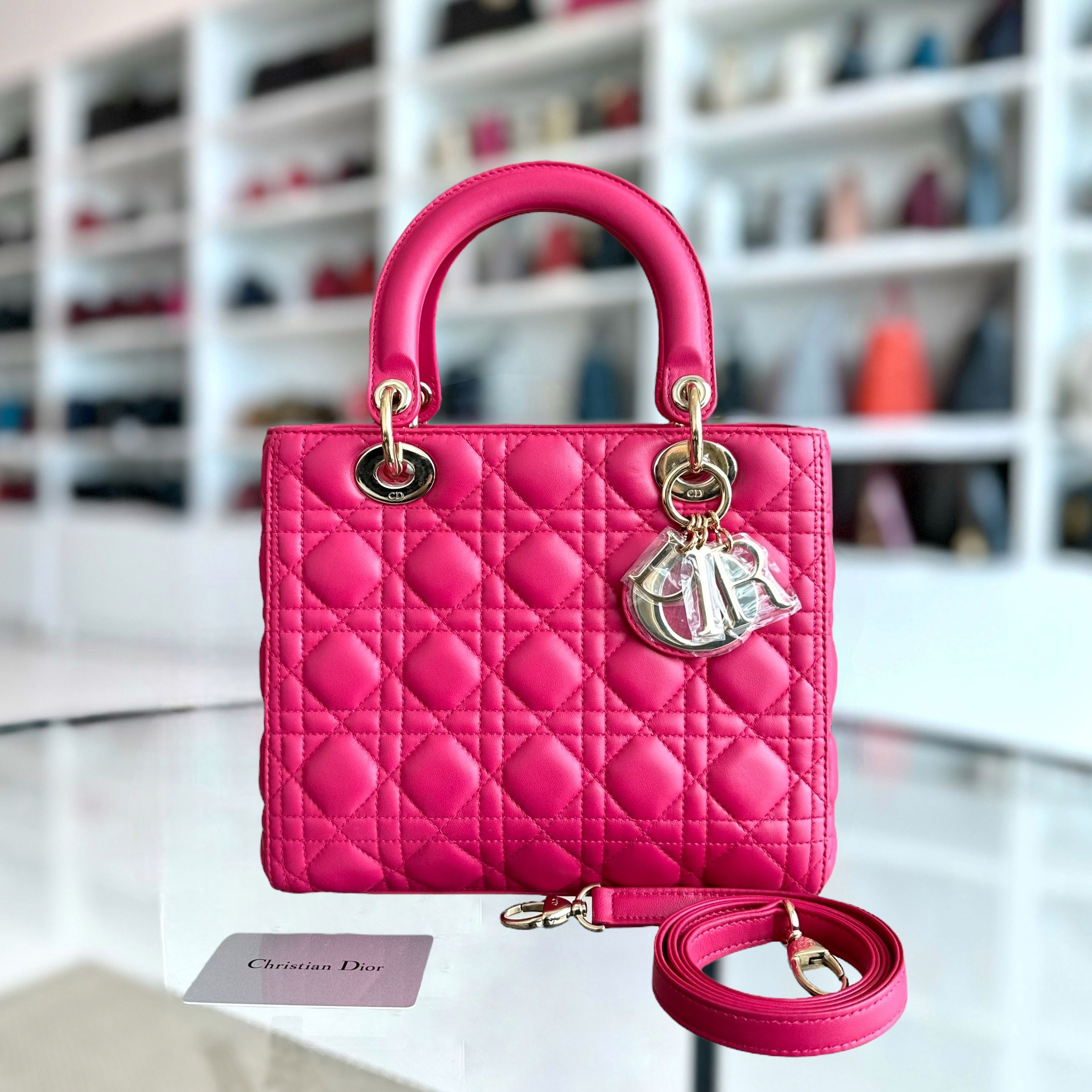 Dior Lady Medium Cannage Lambskin Hot Pink GHW - Luxury Evermore