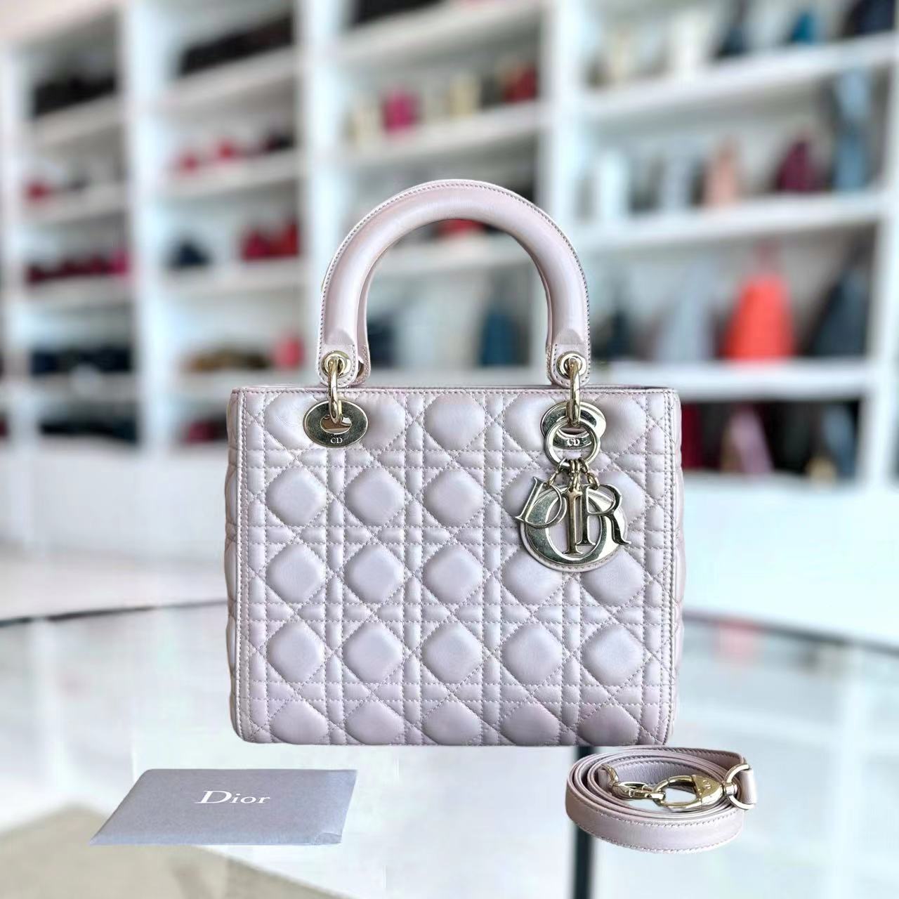 Dior Lady Medium Cannage Lambskin Iridescent Sakura Pink Golden Hardware - Luxury Evermore